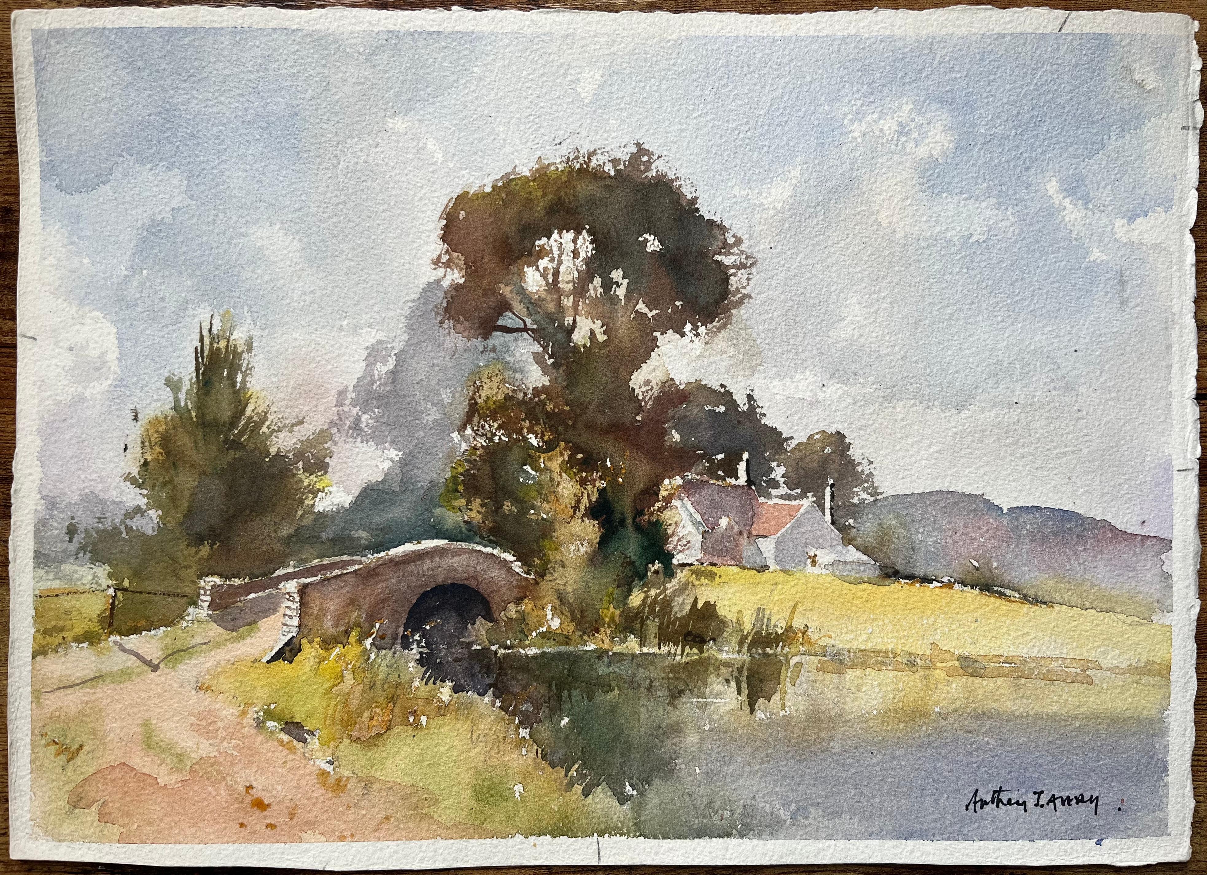 Britisches impressionistisches Aquarell einer Steinbrücke und eines Landhauses – Painting von Anthony Avery