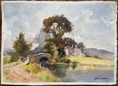 British Impressionist Watercolor of a Stone Bridge and Countryside Cottage