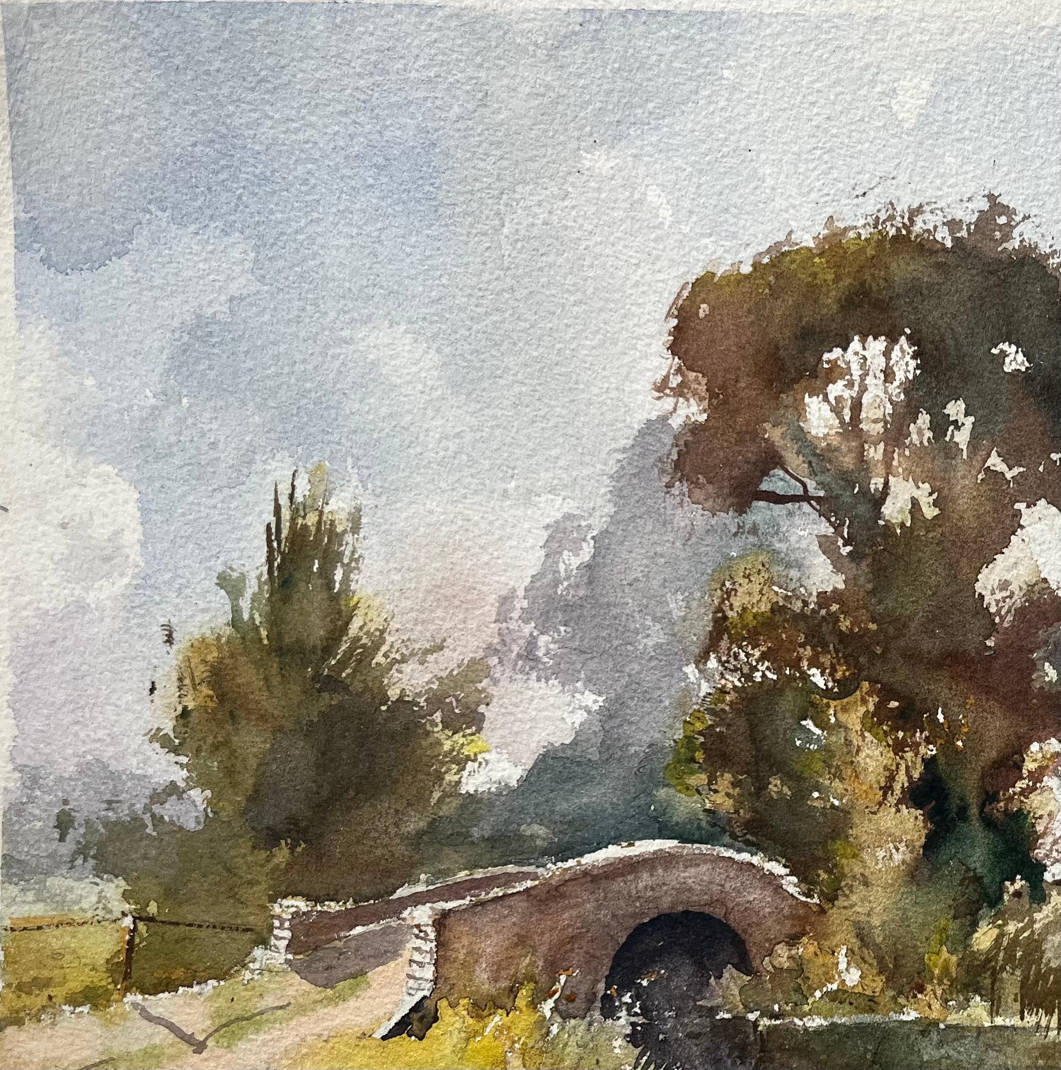 Britisches impressionistisches Aquarell einer Steinbrücke und eines Landhauses im Angebot 1
