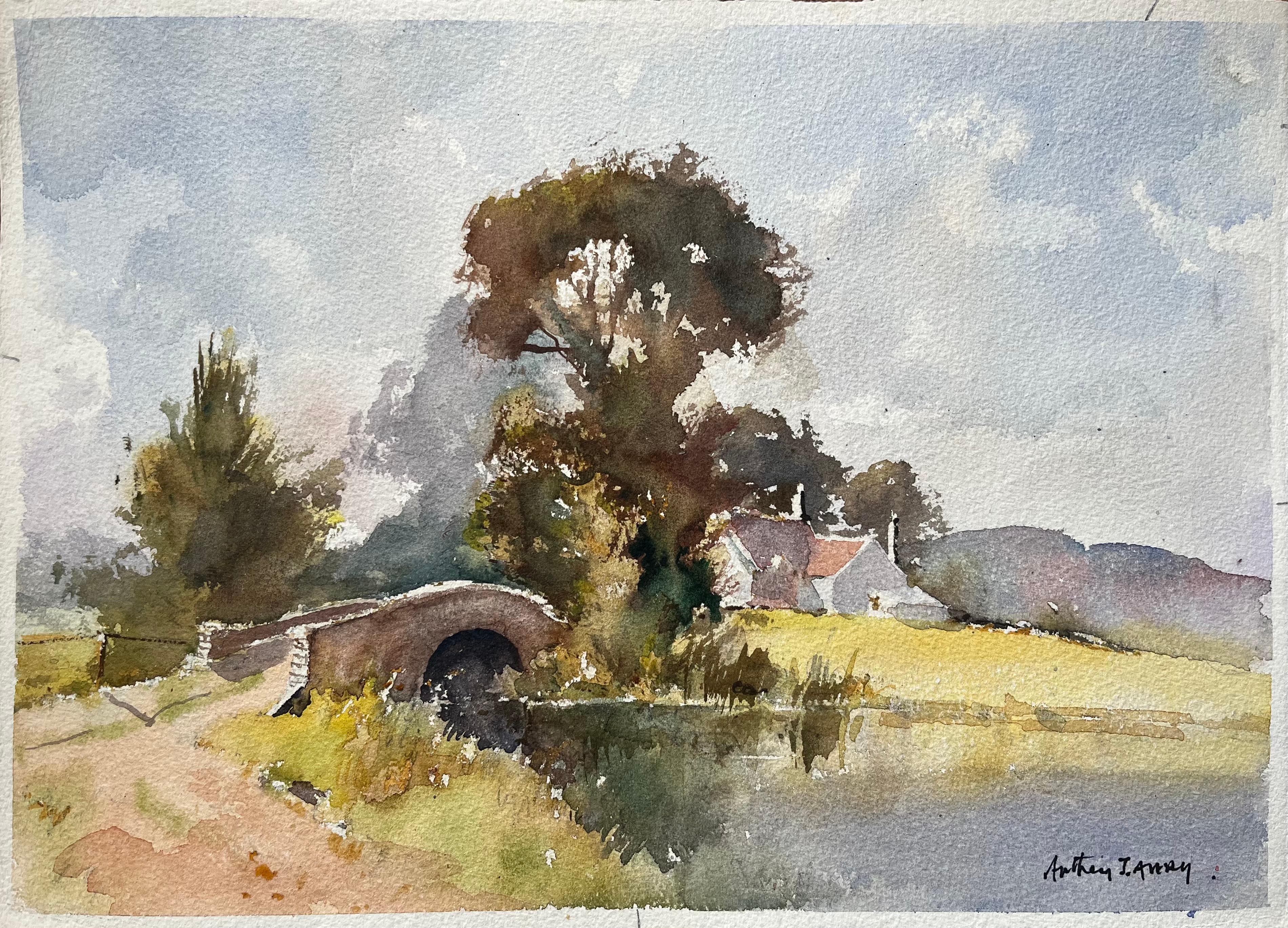 Aquarelle impressionniste britannique d'un pont en pierre et d'une maison de campagne