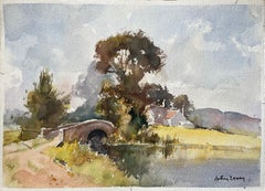 British Impressionist Watercolor of a Stone Bridge and Countryside Cottage