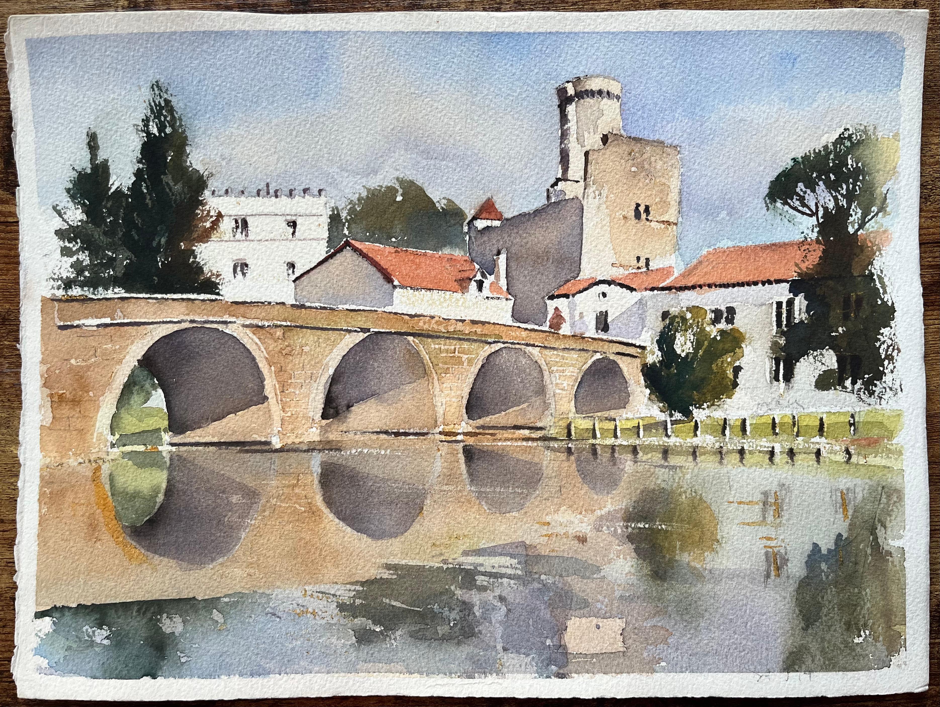 Aquarell eines britischen Impressionisten mit einer Steinbrücke und einem historischen Turm – Painting von Anthony Avery
