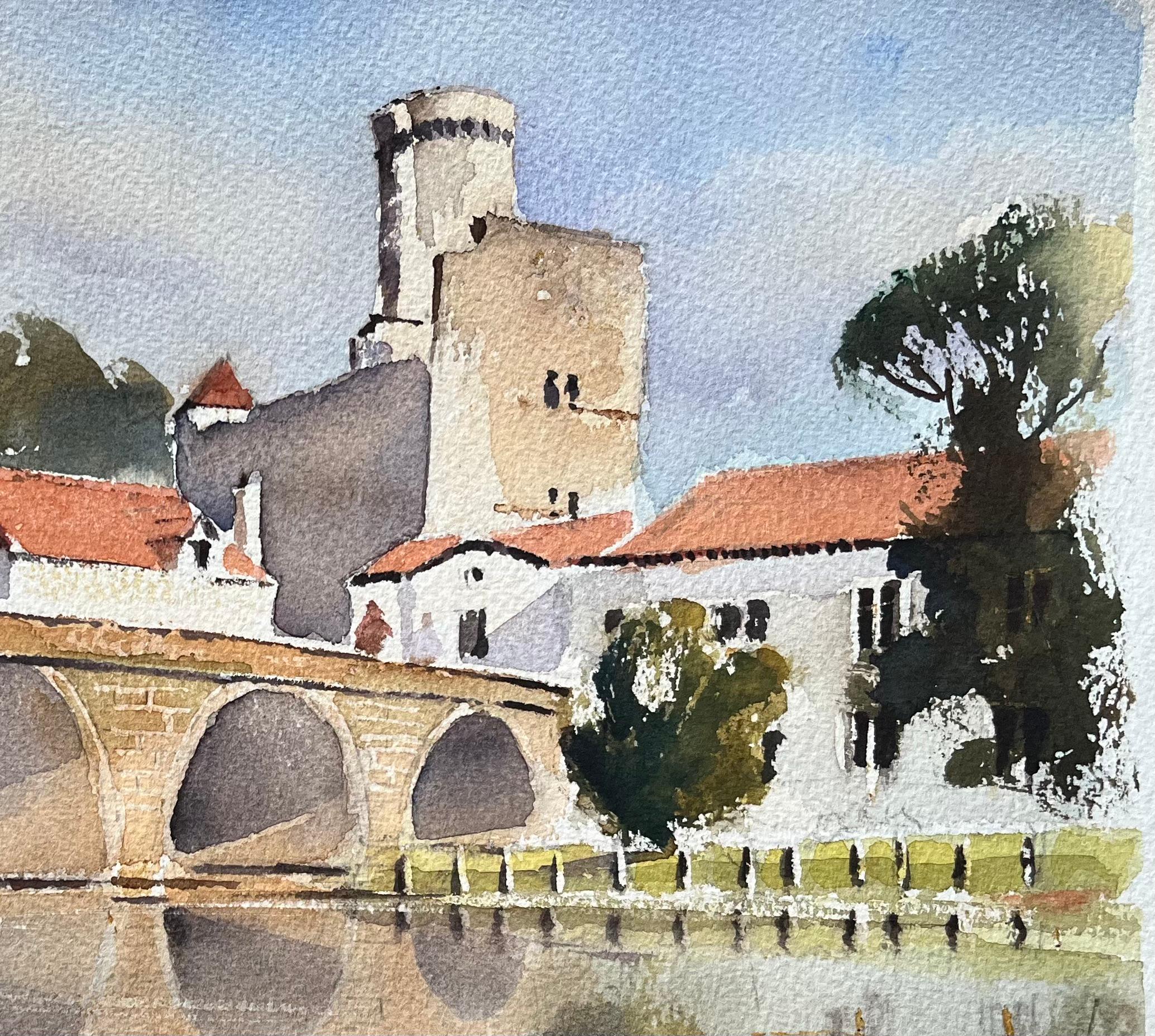 Aquarell eines britischen Impressionisten mit einer Steinbrücke und einem historischen Turm (Impressionismus), Painting, von Anthony Avery