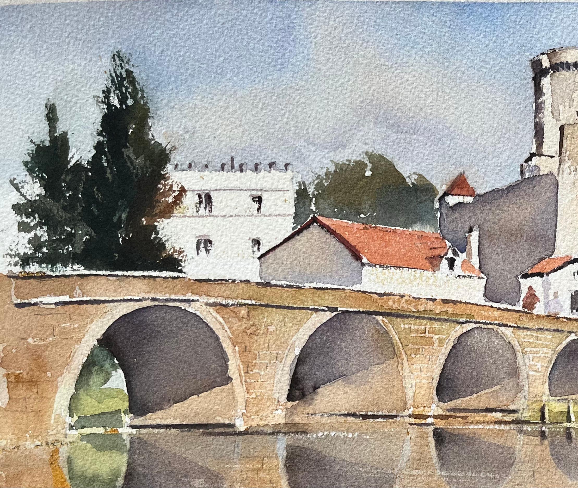 Aquarell eines britischen Impressionisten mit einer Steinbrücke und einem historischen Turm im Angebot 1