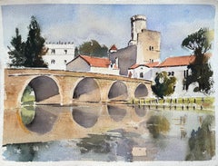 British Impressionist Watercolor of a Stone Bridge and Historic Tower