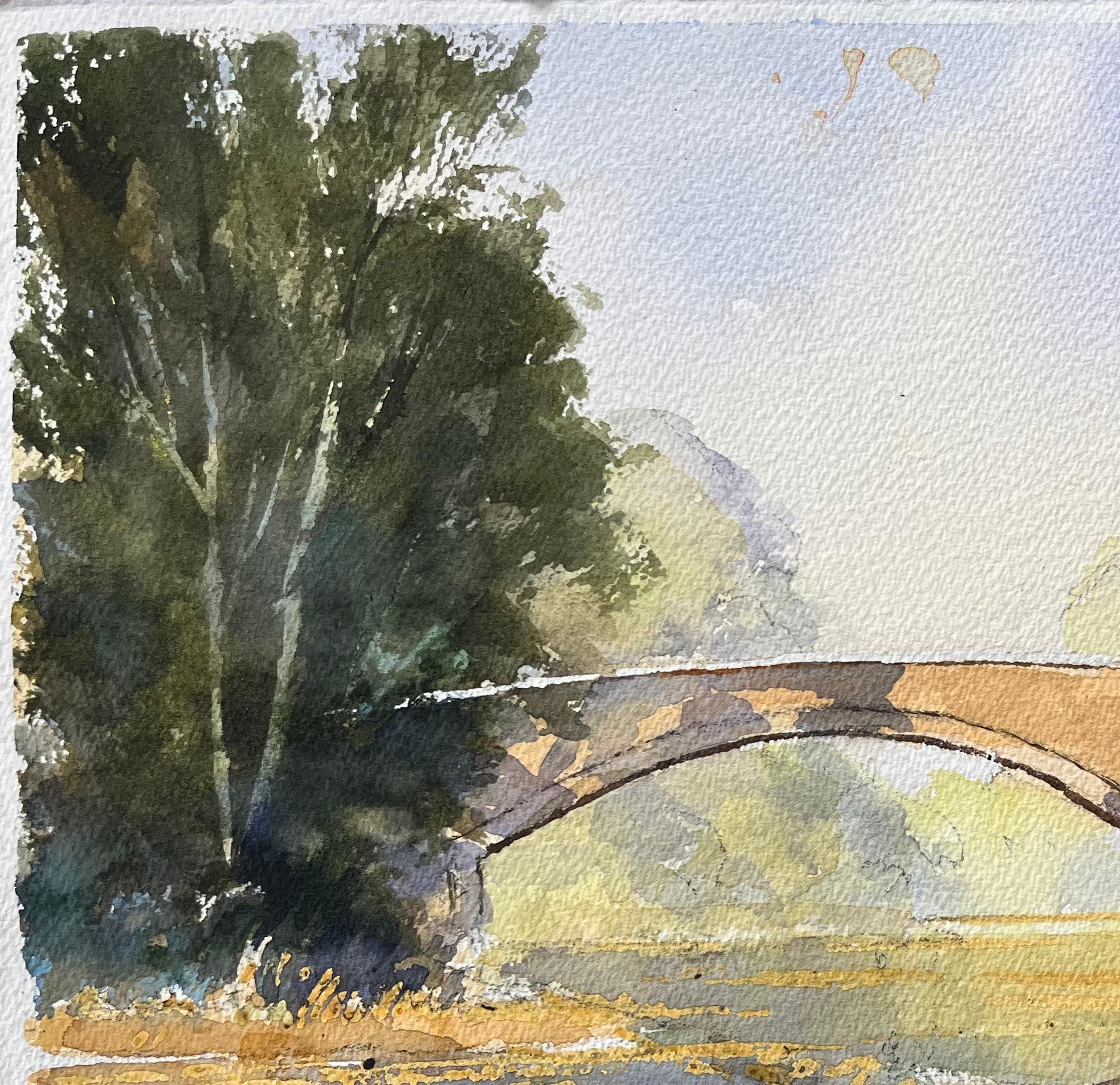 Britischer Impressionist Aquarell einer Steinbrücke über einen ruhigen Fluss im Angebot 1