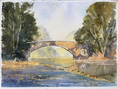 Britischer Impressionist Aquarell einer Steinbrücke über einen ruhigen Fluss