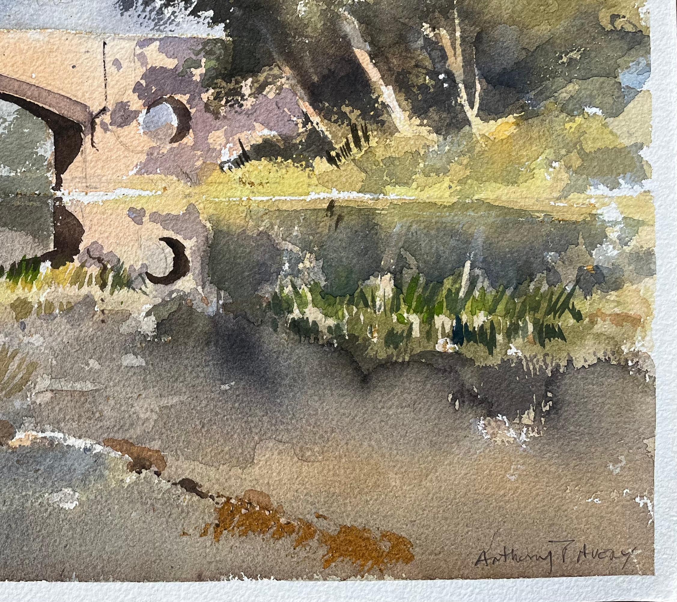 Britisches impressionistisches Aquarell einer Steinbrücke über einem Tranquil-Fluss (Impressionismus), Painting, von Anthony Avery
