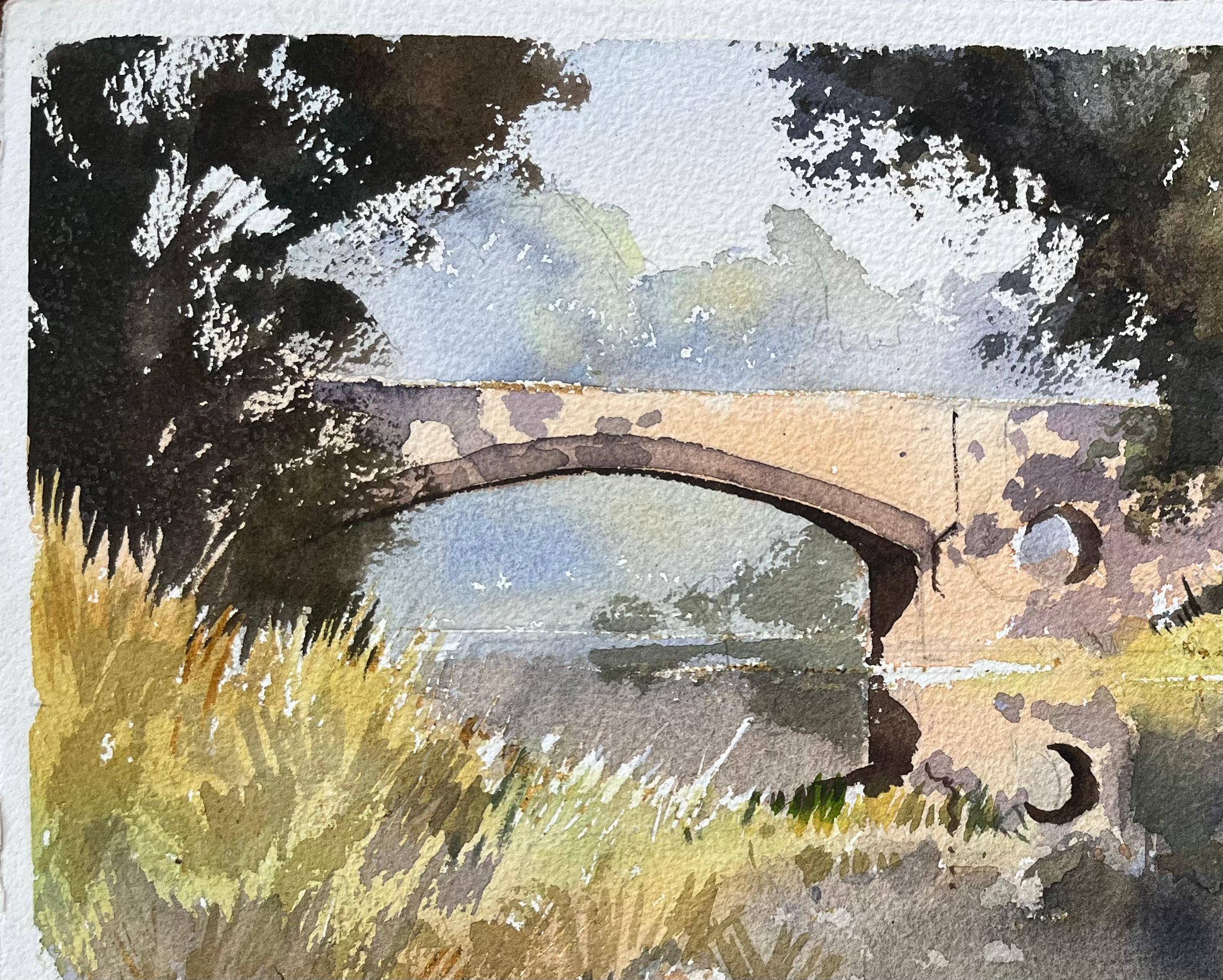 Britisches impressionistisches Aquarell einer Steinbrücke über einem Tranquil-Fluss im Angebot 1