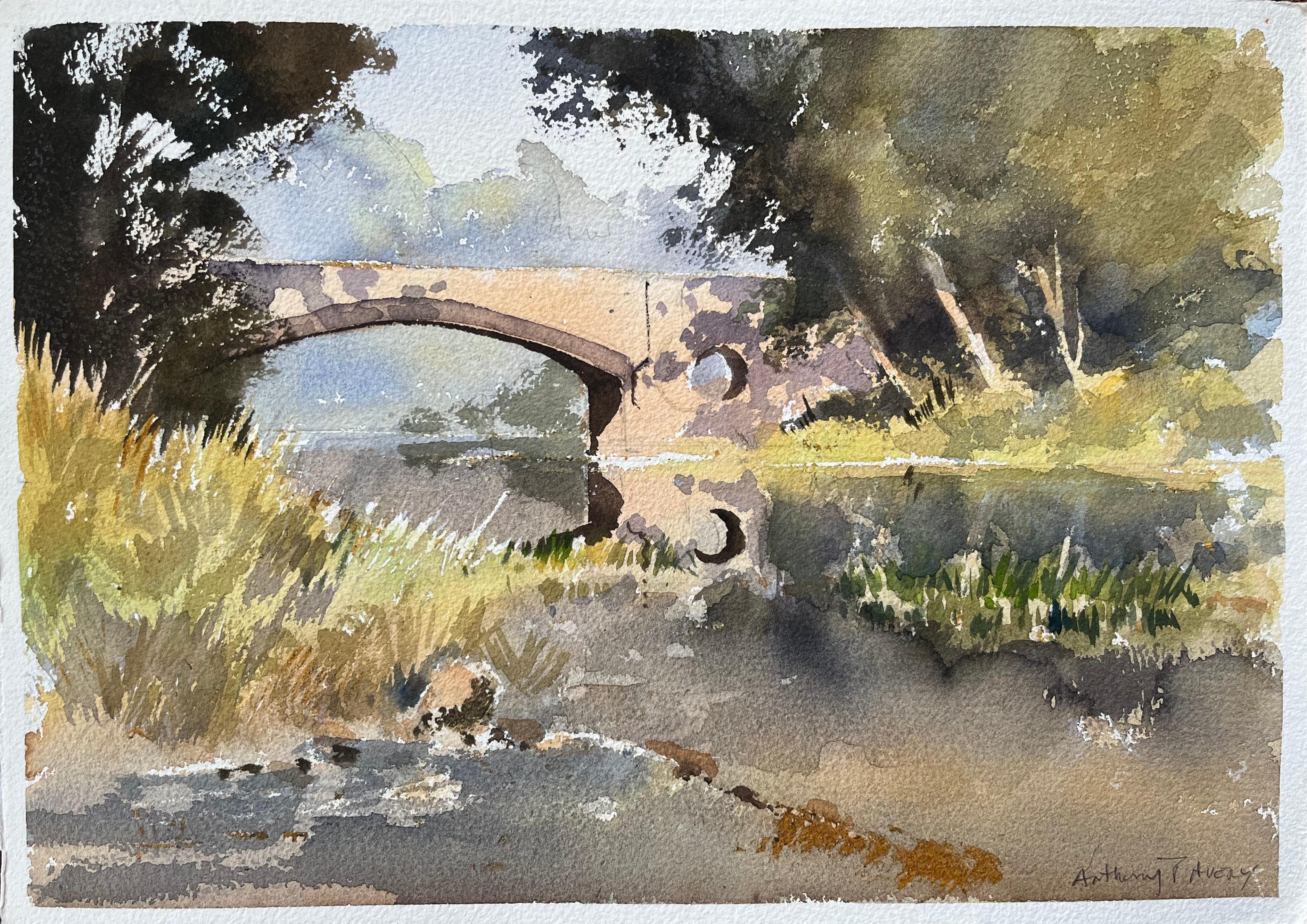 Britisches impressionistisches Aquarell einer Steinbrücke über einem Tranquil-Fluss