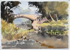 British Impressionist Watercolor of a Stone Bridge Over a Tranquil River