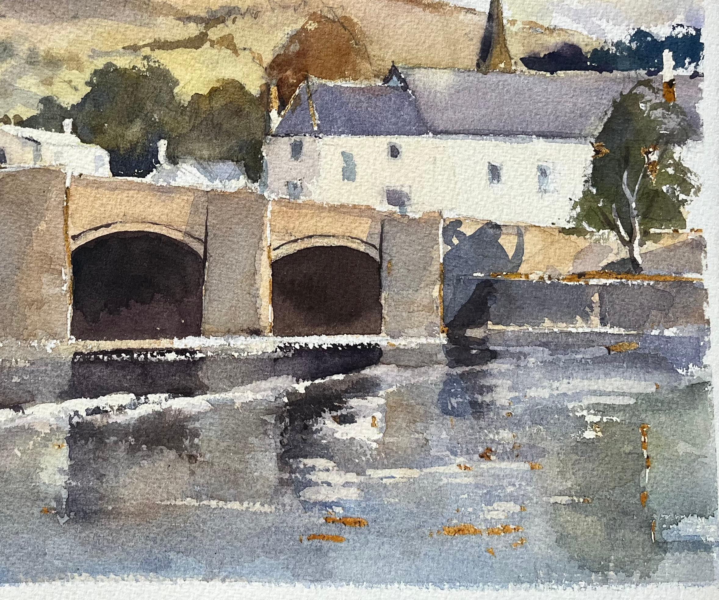 Titel: Aquarell eines britischen Impressionisten mit einer Steinbrücke mit Hügeln und einer Church's
Von Anthony Avery (Brite 1946-2023)
Original-Aquarell auf Künstlerpapier, ungerahmt
Abmessungen: 11,25 x 15,25 Zoll (Höhe x Breite)
Zustand: Gut,