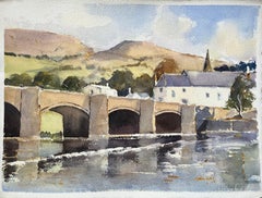 British Impressionist Watercolor of a Stone Bridge with Hills and a Church