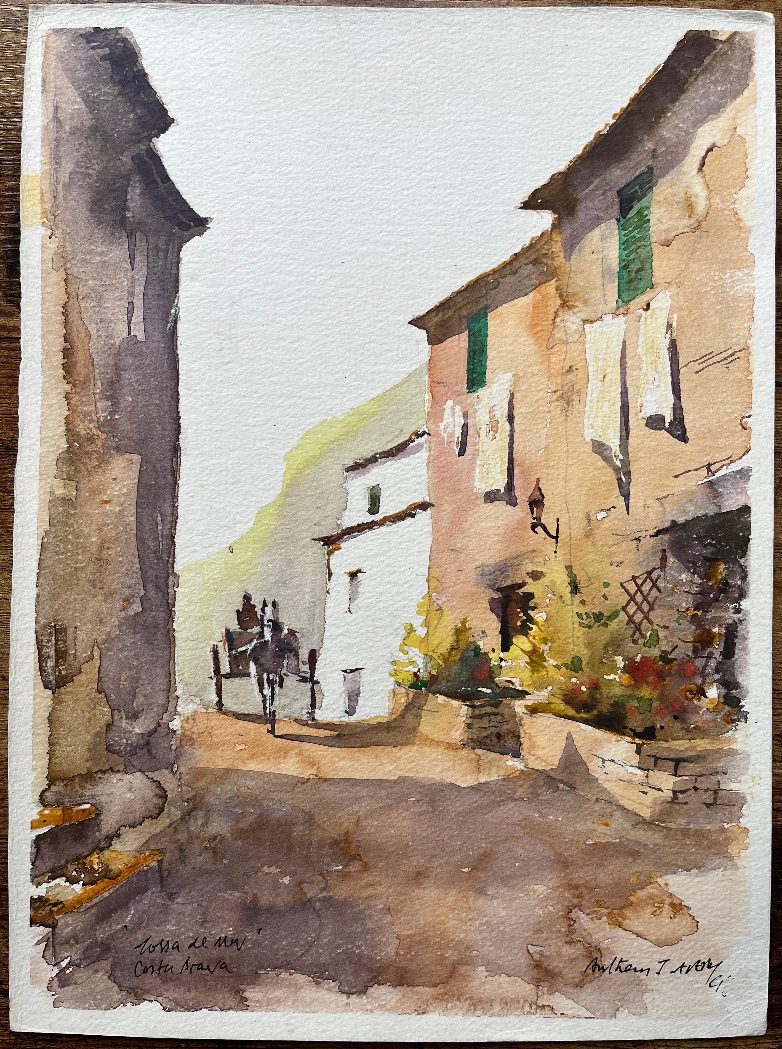 Aquarelle impressionniste britannique d'une scène de rue à Tossa de Mar, Costa Brava - Painting de Anthony Avery