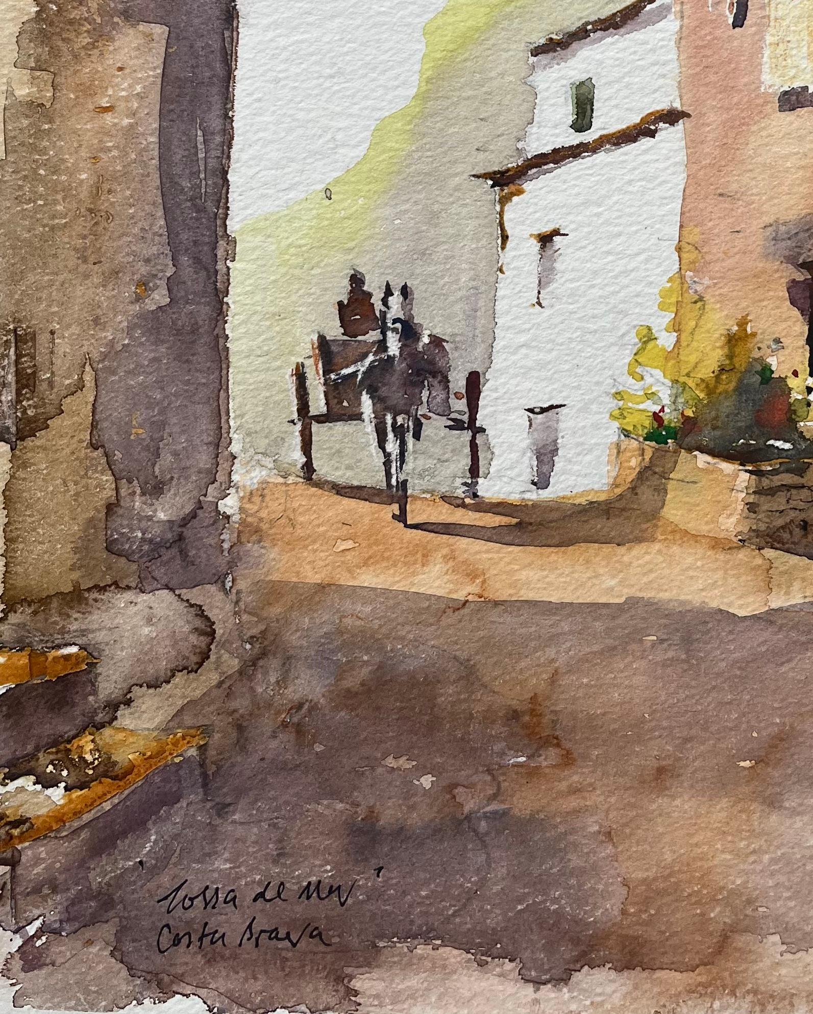 Aquarelle impressionniste britannique d'une scène de rue à Tossa de Mar, Costa Brava - Marron Landscape Painting par Anthony Avery