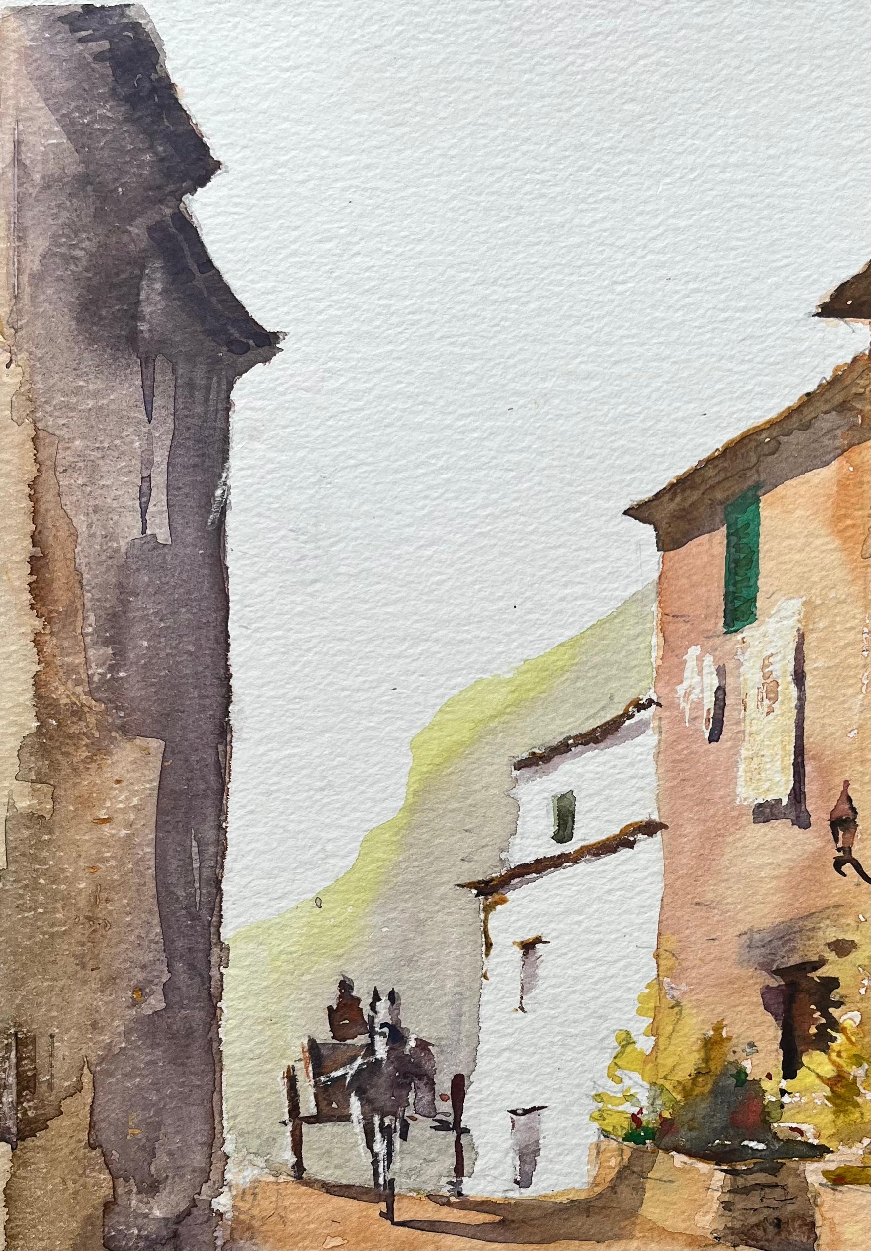 Aquarelle impressionniste britannique d'une scène de rue à Tossa de Mar, Costa Brava en vente 1