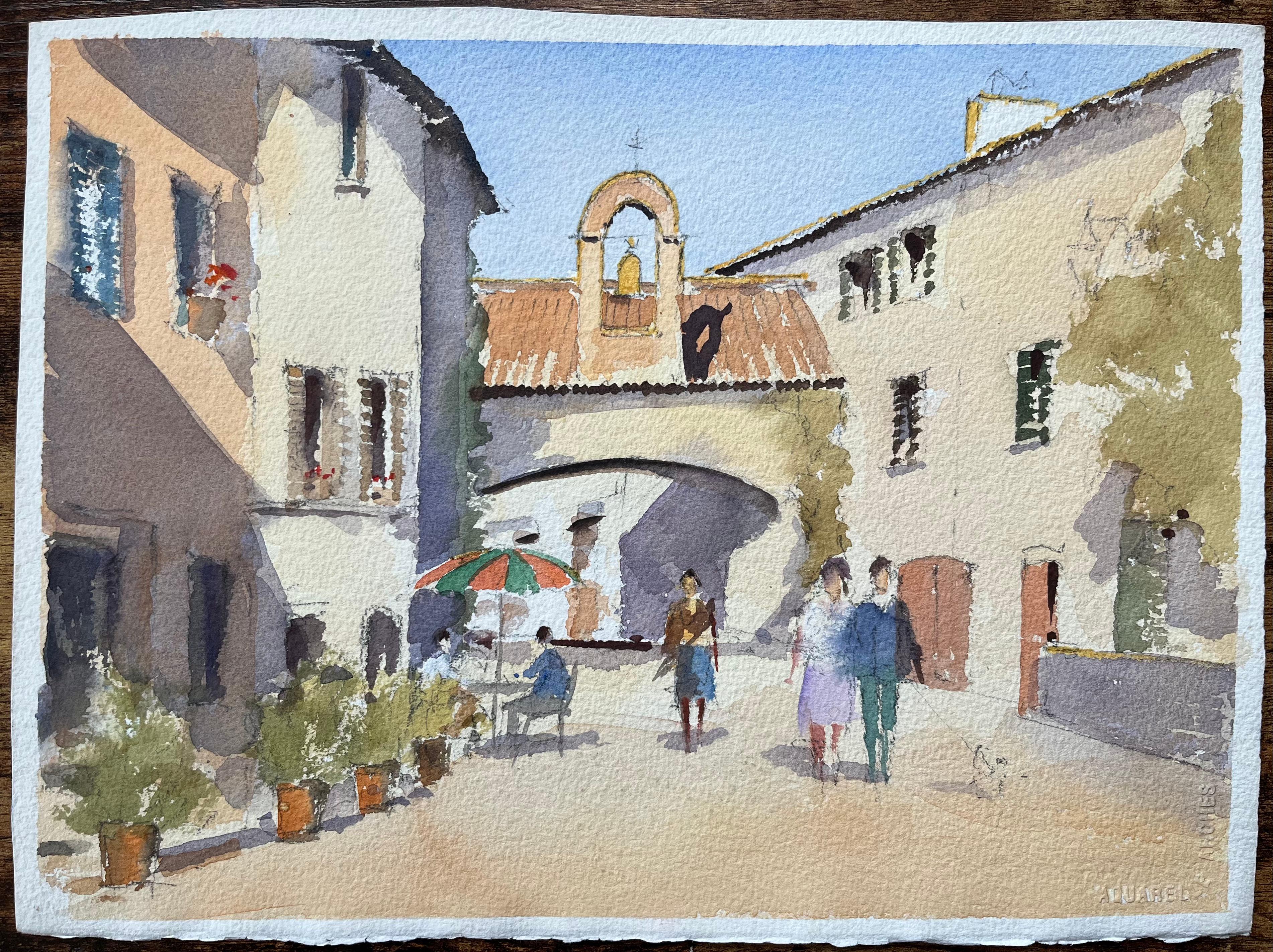 Britischer Impressionist Aquarell einer Straßenszene mit Glockenturmbogen – Painting von Anthony Avery