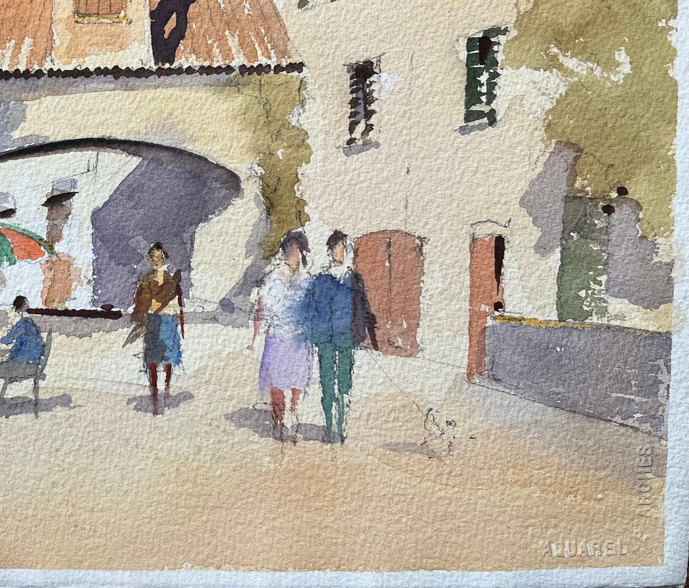 Britischer Impressionist Aquarell einer Straßenszene mit Glockenturmbogen (Impressionismus), Painting, von Anthony Avery