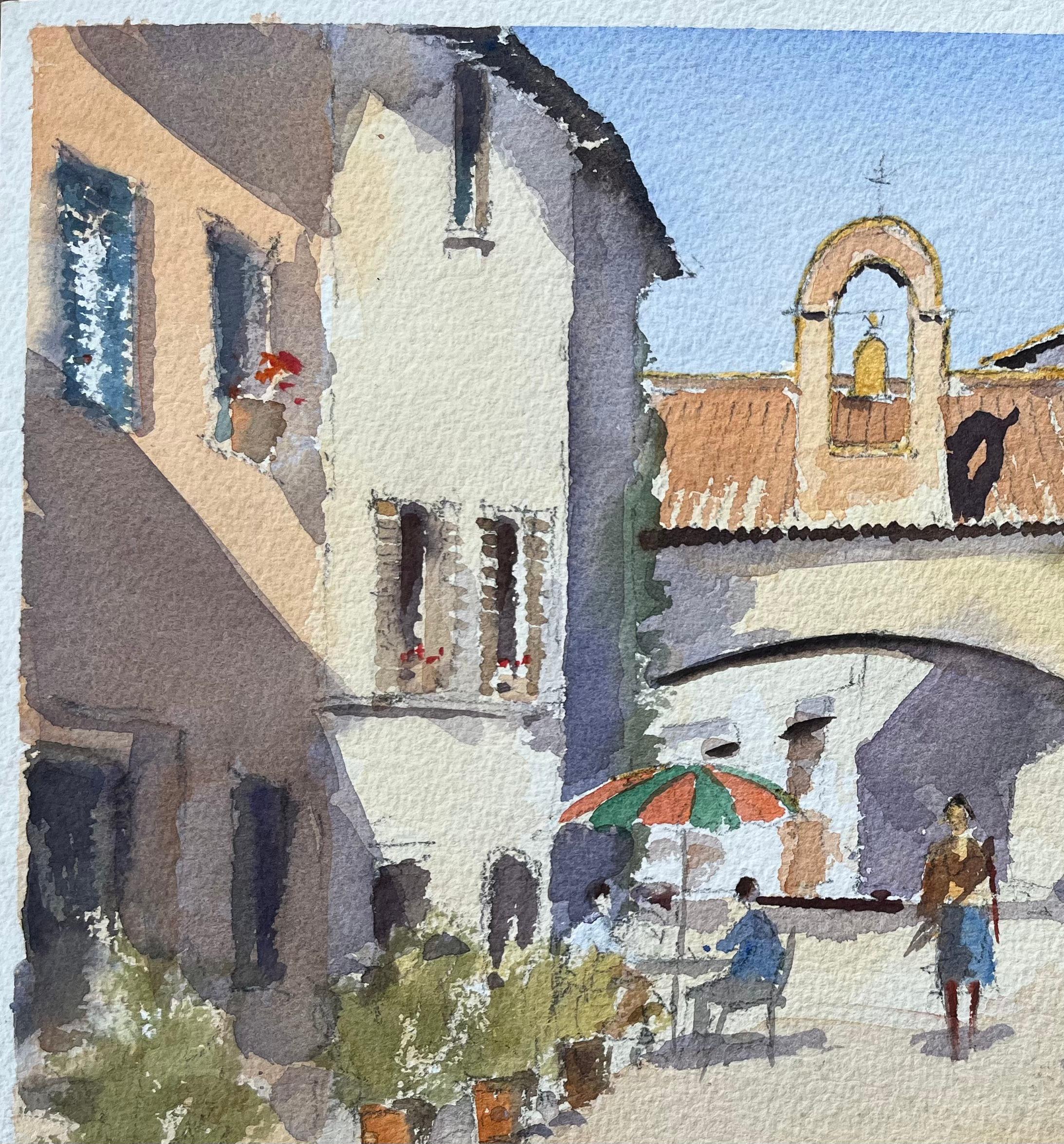 Britischer Impressionist Aquarell einer Straßenszene mit Glockenturmbogen im Angebot 1