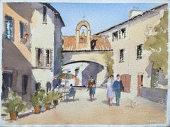 Aquarelle impressionniste britannique d'une scène de rue avec arc de la tour Bell