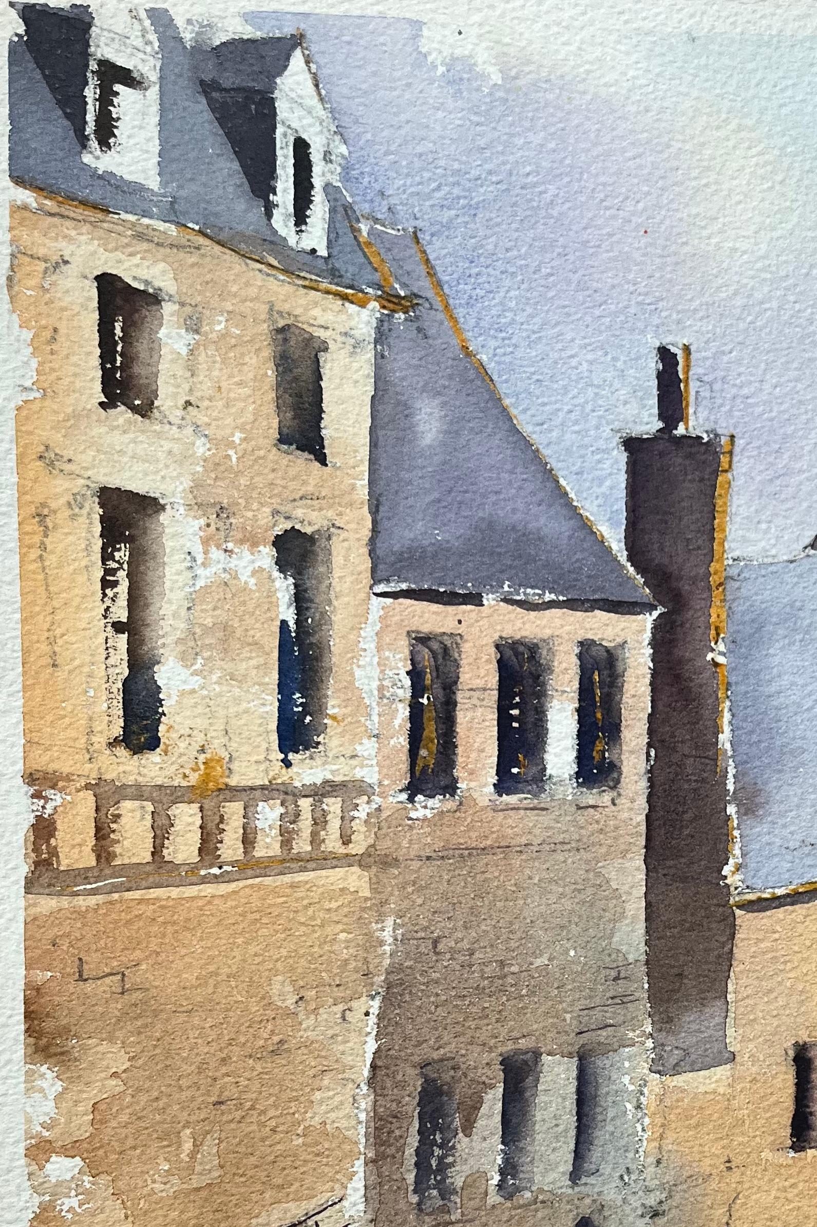 Britisches impressionistisches Aquarell einer Straßenszene mit Figuren im französischen Impressionismus (Grau), Landscape Painting, von Anthony Avery
