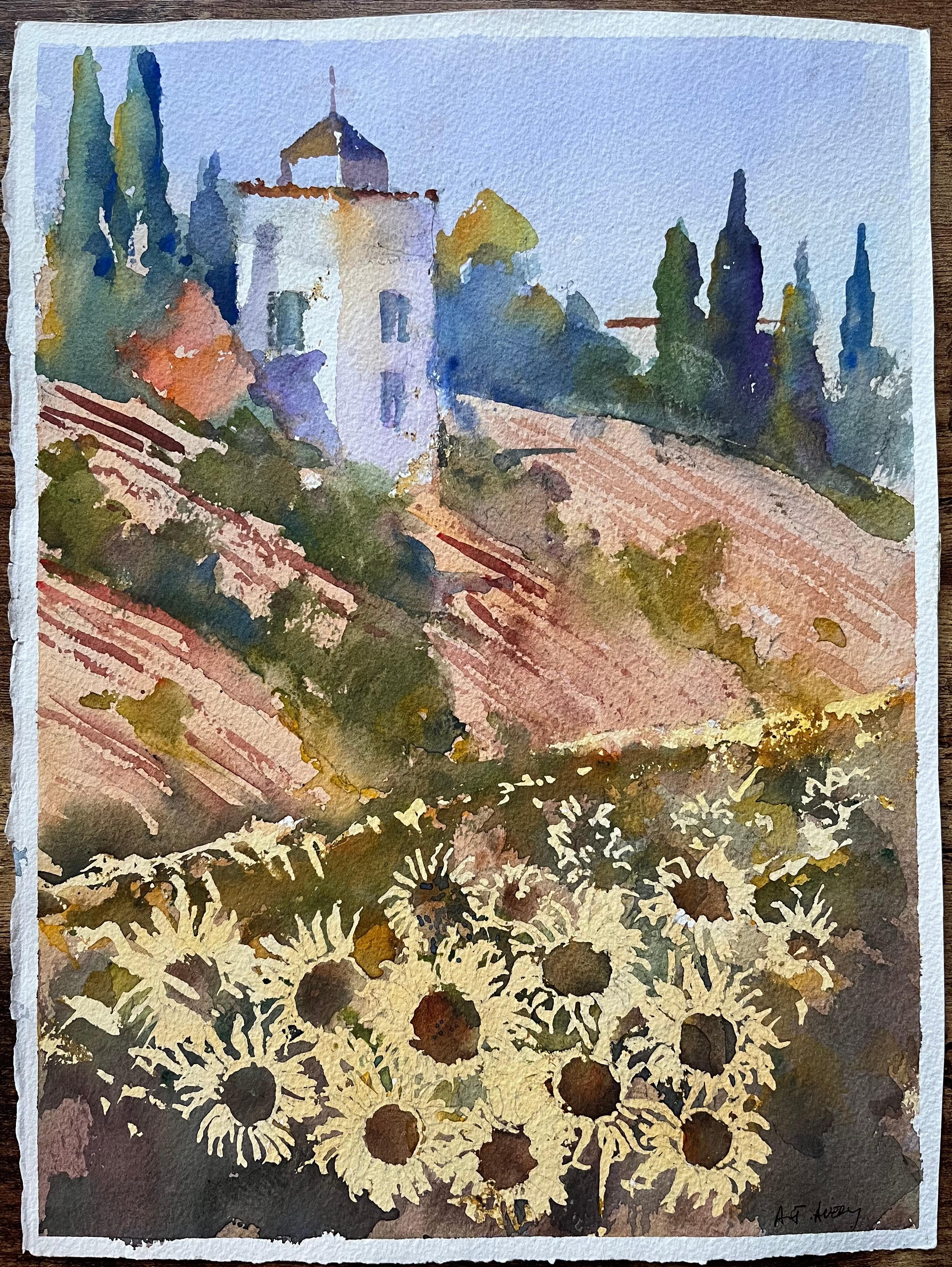 Acuarela impresionista británica de un campo de girasoles y una villa rural - Painting de Anthony Avery