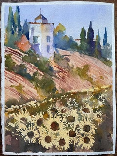 British Impressionist Watercolor of a Sunflower Field and Country Villa
