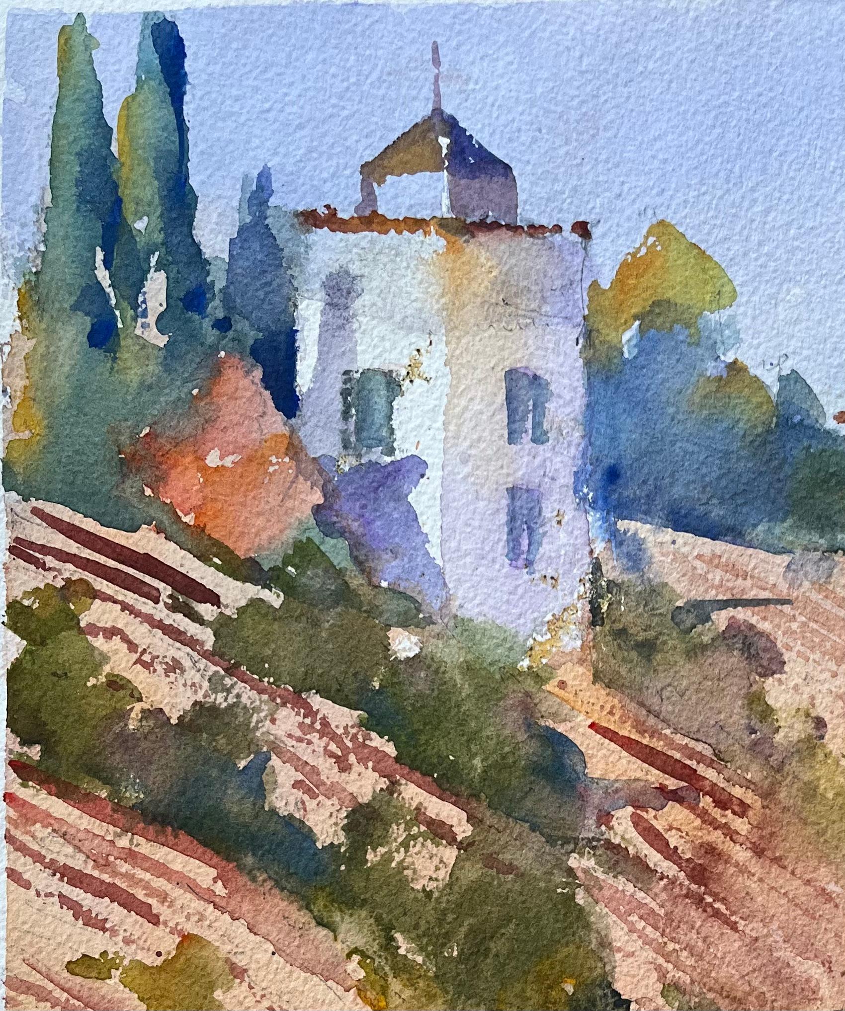 Acuarela impresionista británica de un campo de girasoles y una villa rural - Painting Impresionista de Anthony Avery