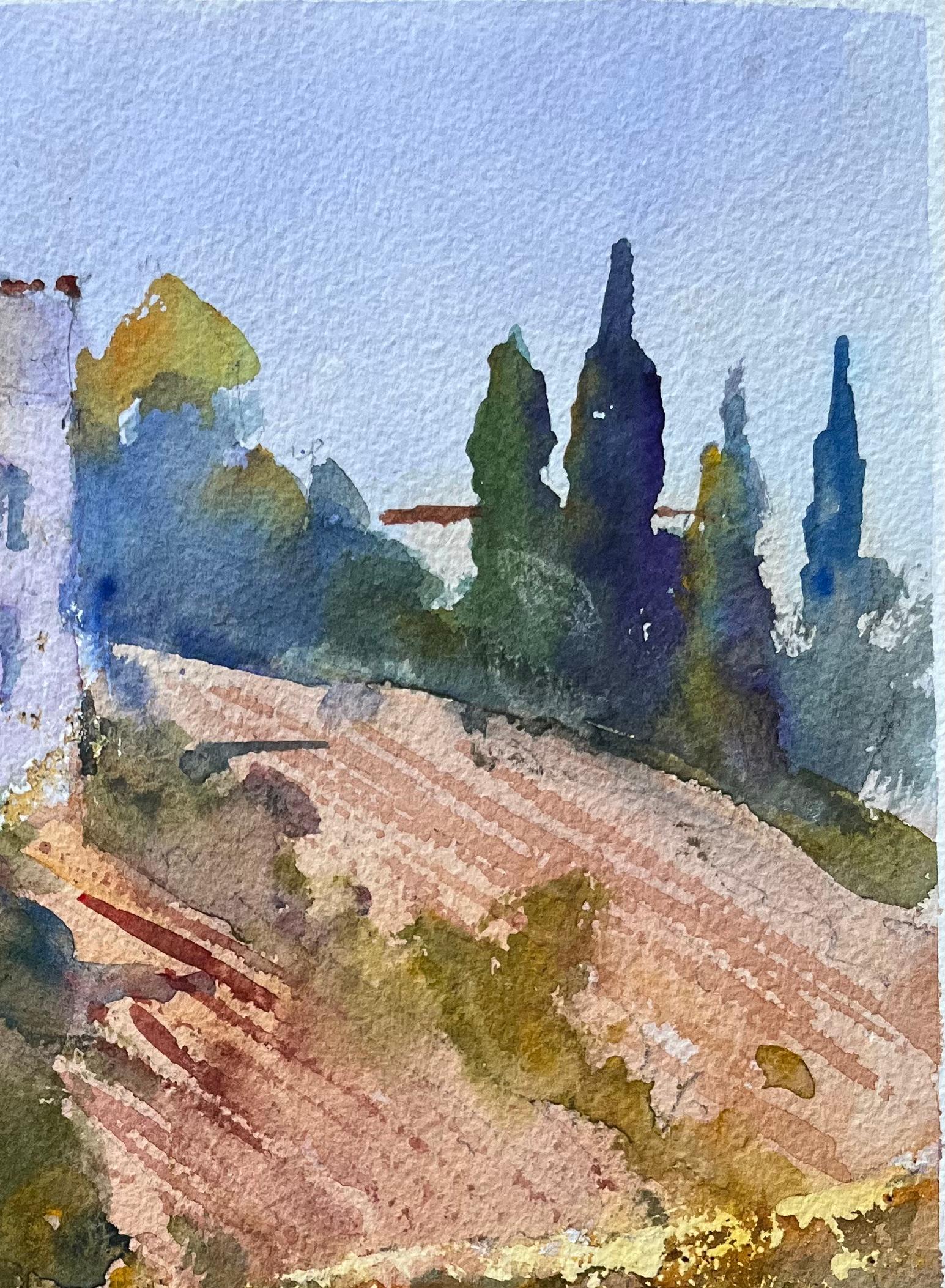 Acuarela impresionista británica de un campo de girasoles y una villa rural - Landscape Painting Gris de Anthony Avery