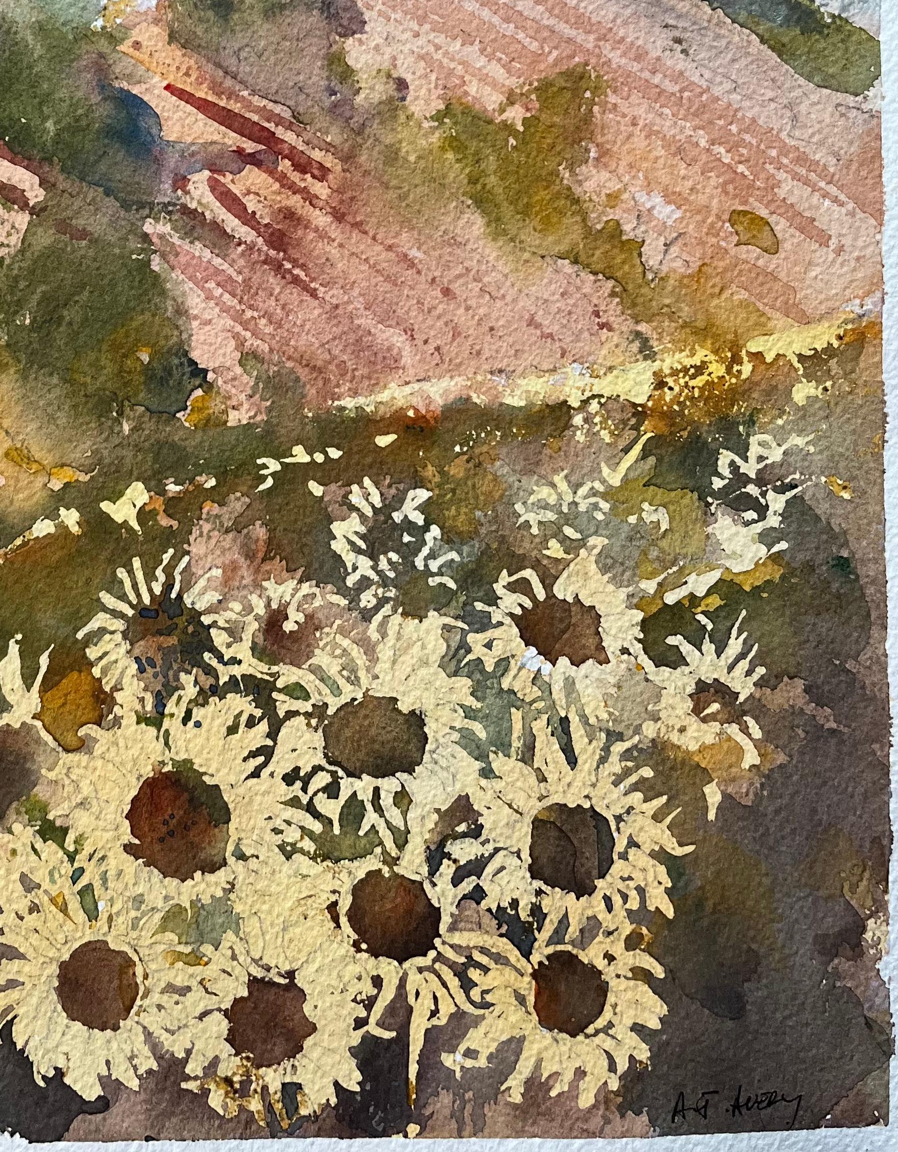 Título: Acuarela impresionista británica de un campo de girasoles y una villa rural
Por Anthony Avery (británico 1946-2023)
Acuarela original sobre papel de artista, sin enmarcar
Firmado: Sí
Dimensiones: 15 x 11,25 pulgadas (Alto x Ancho)
Estado: