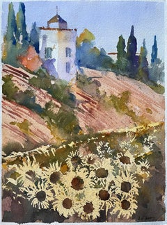 British Impressionist Watercolor of a Sunflower Field and Country Villa