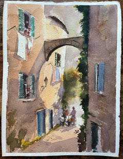 British Impressionist Watercolor of a Sunlit Alley with Archway and Figures
