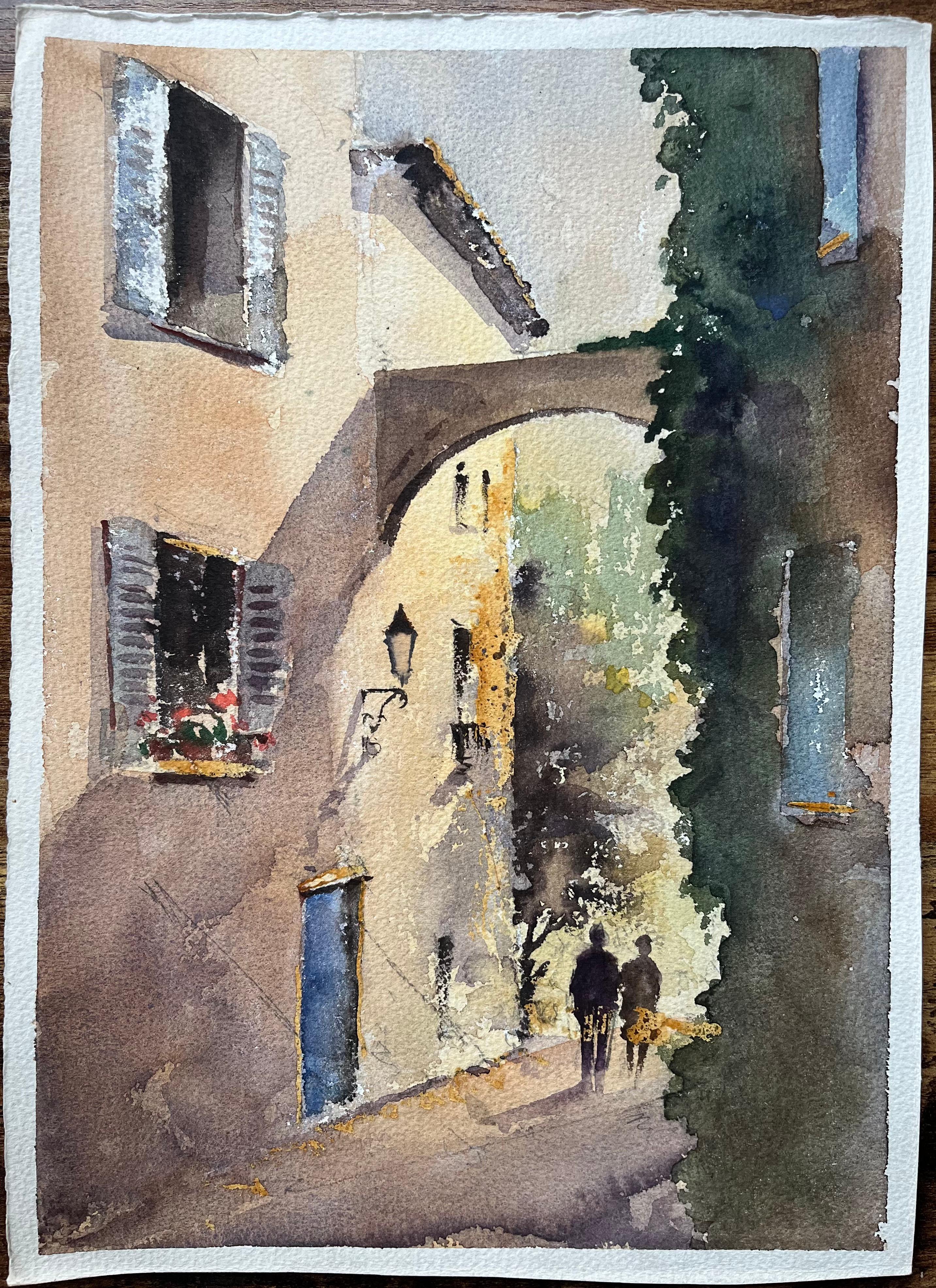 Britischer Impressionist Aquarell einer sonnenbeschienenen Gasse mit Torbogen und Figuren – Painting von Anthony Avery