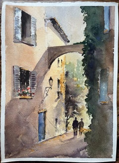 Acuarela impresionista británica de un callejón iluminado por el sol con arco y figuras
