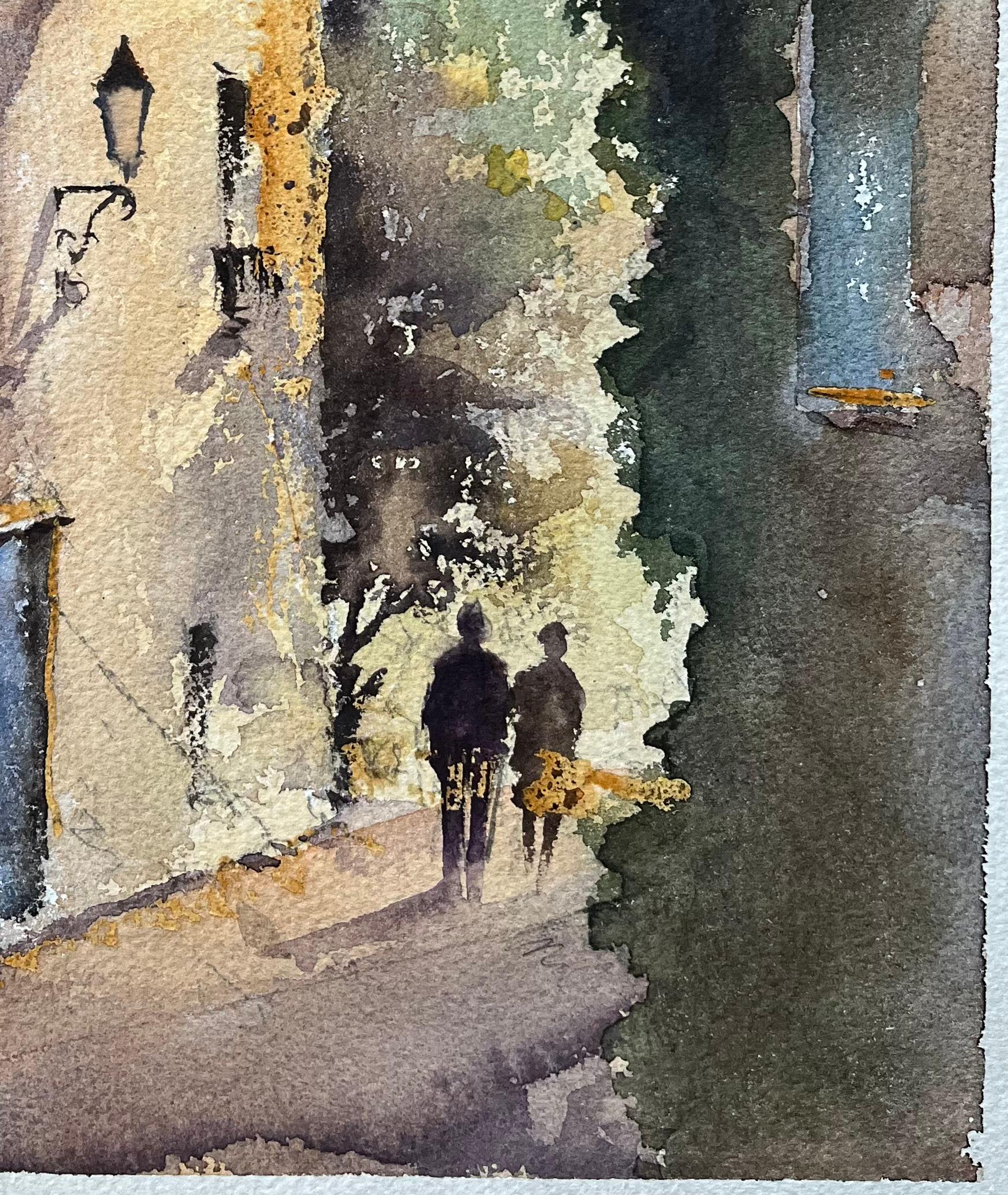 Britischer Impressionist Aquarell einer sonnenbeschienenen Gasse mit Torbogen und Figuren (Impressionismus), Painting, von Anthony Avery