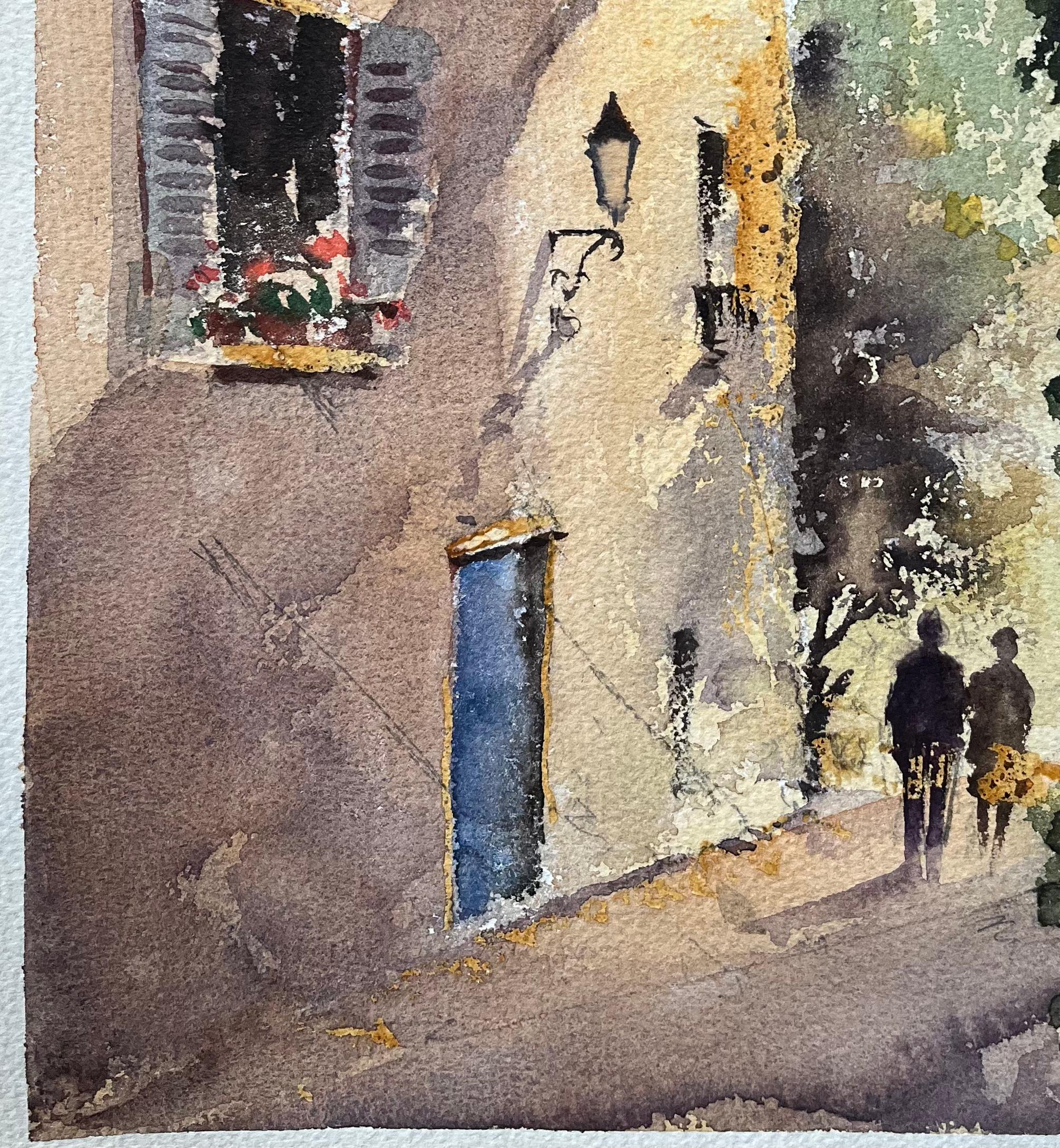 Titel: Britischer Impressionist Aquarell einer sonnenbeschienenen Gasse mit Torbogen und Figuren
Von Anthony Avery (Brite 1946-2023)
Original-Aquarell auf Künstlerpapier, ungerahmt
Abmessungen: 15,5 x 11,25 Zoll (Höhe x Breite)
Zustand: Gut, mit