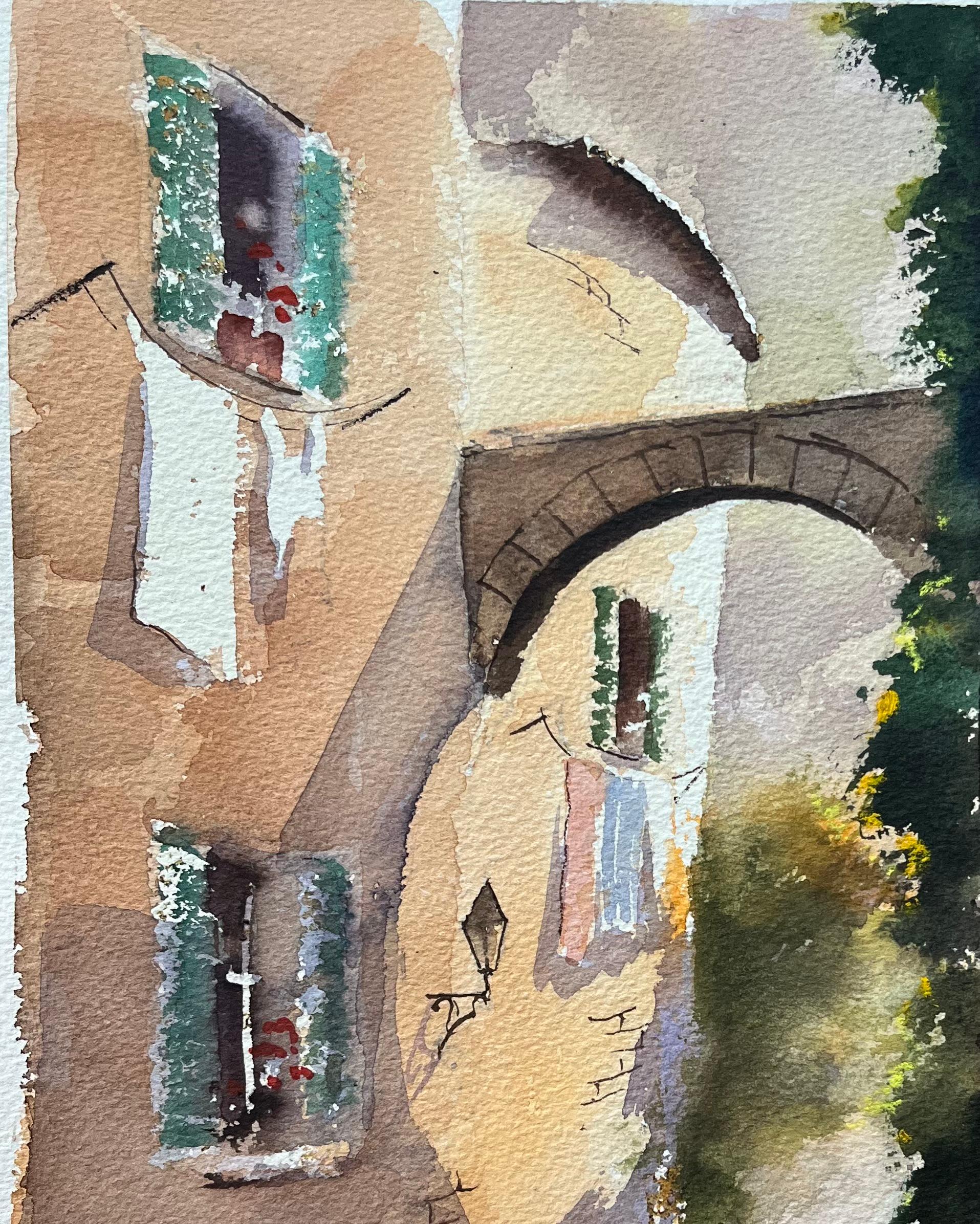 Acuarela impresionista británica de un callejón iluminado por el sol con arco y figuras en venta 1