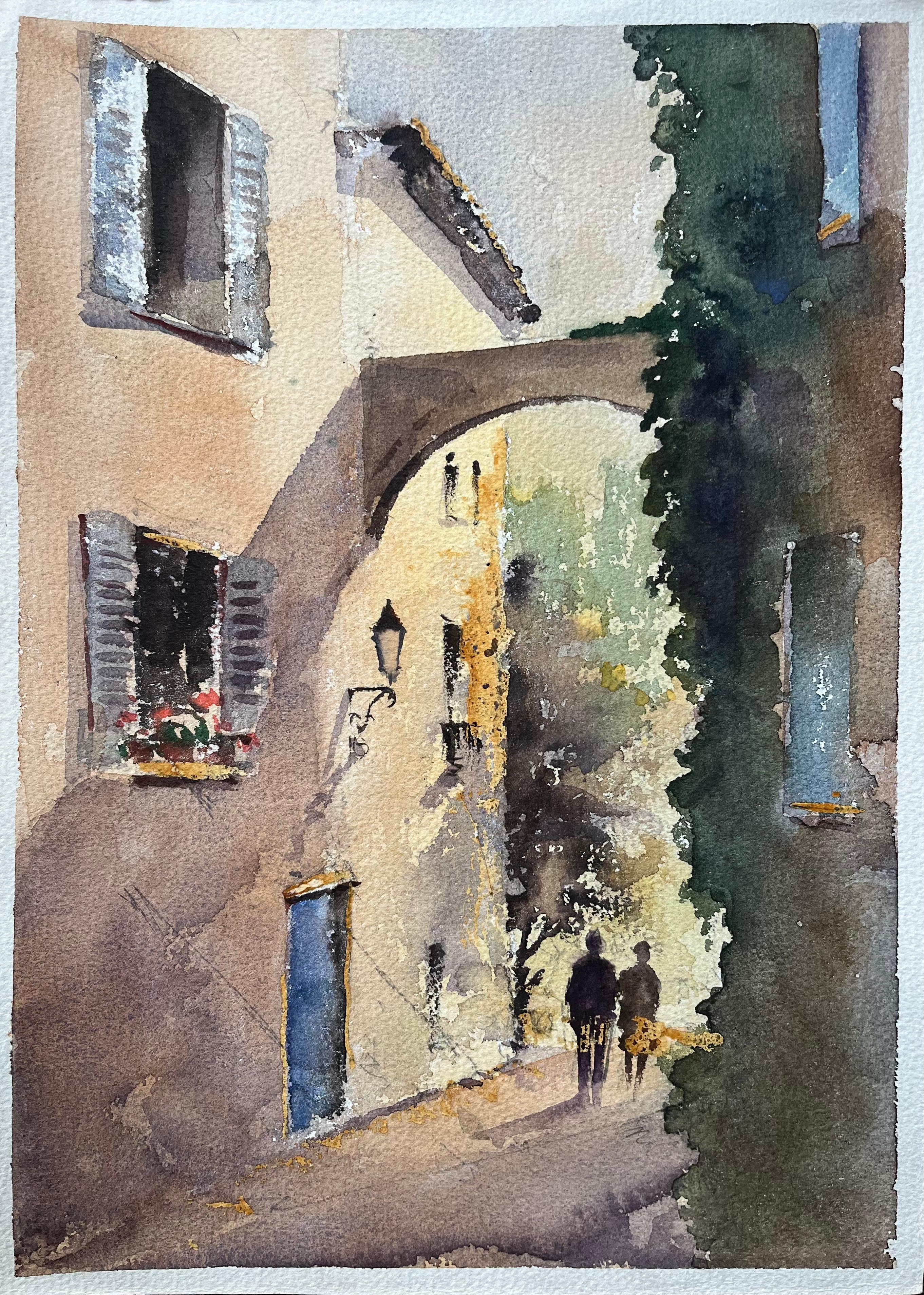 Britischer Impressionist Aquarell einer sonnenbeschienenen Gasse mit Torbogen und Figuren
