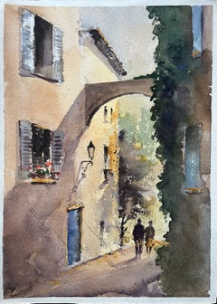 Britischer Impressionist Aquarell einer sonnenbeschienenen Gasse mit Torbogen und Figuren