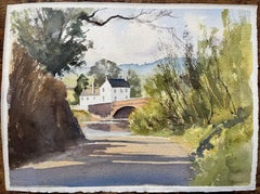 Aquarelle impressionniste britannique d'un chemin de campagne ensoleillé menant à un pont