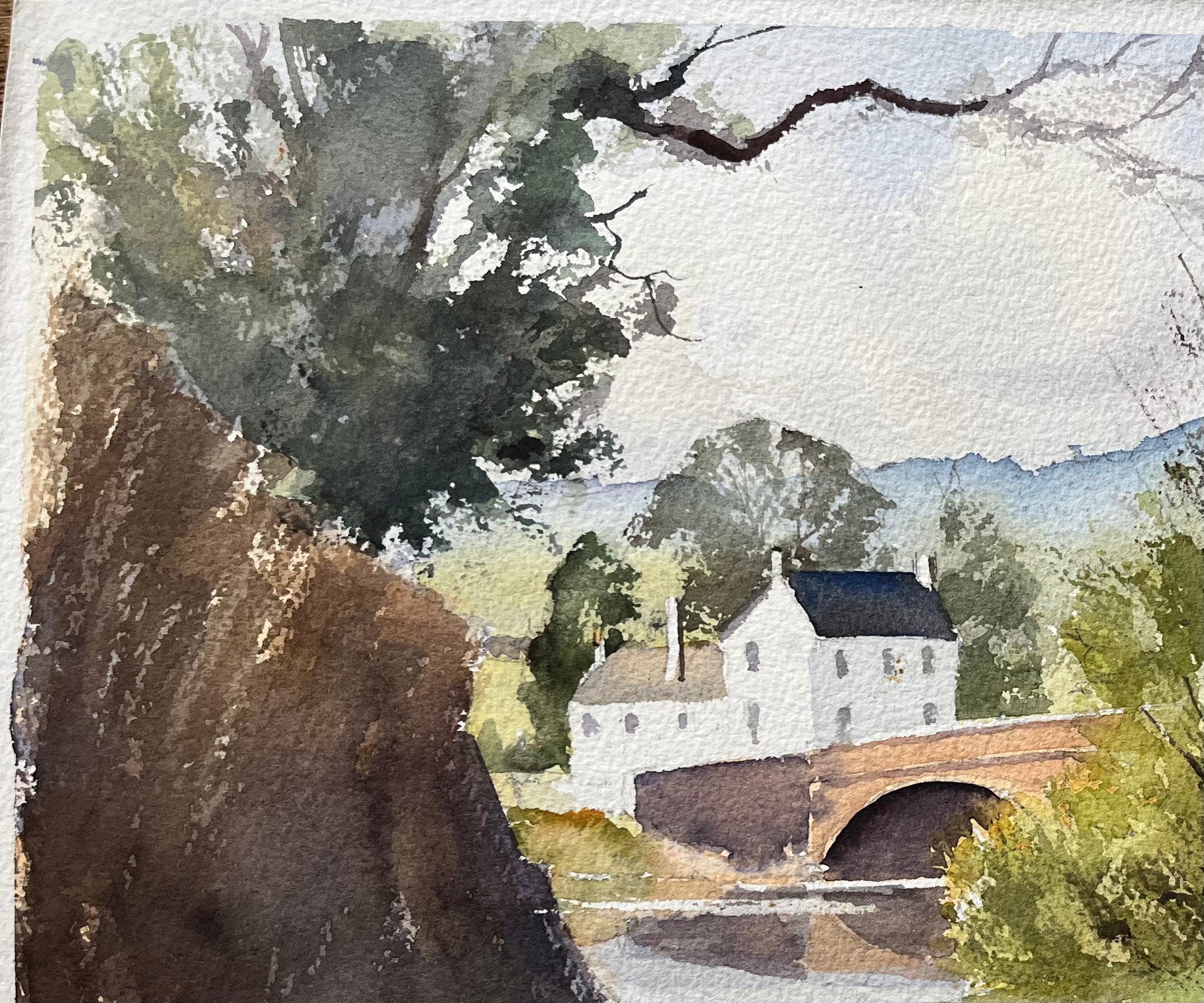 Acuarela impresionista británica de un camino rural iluminado por el sol que conduce a un puente - Painting Impresionista de Anthony Avery