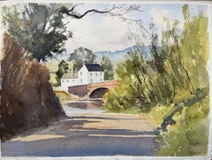 British Impressionist Watercolor of a Sunlit Country Lane Leading to a Bridge