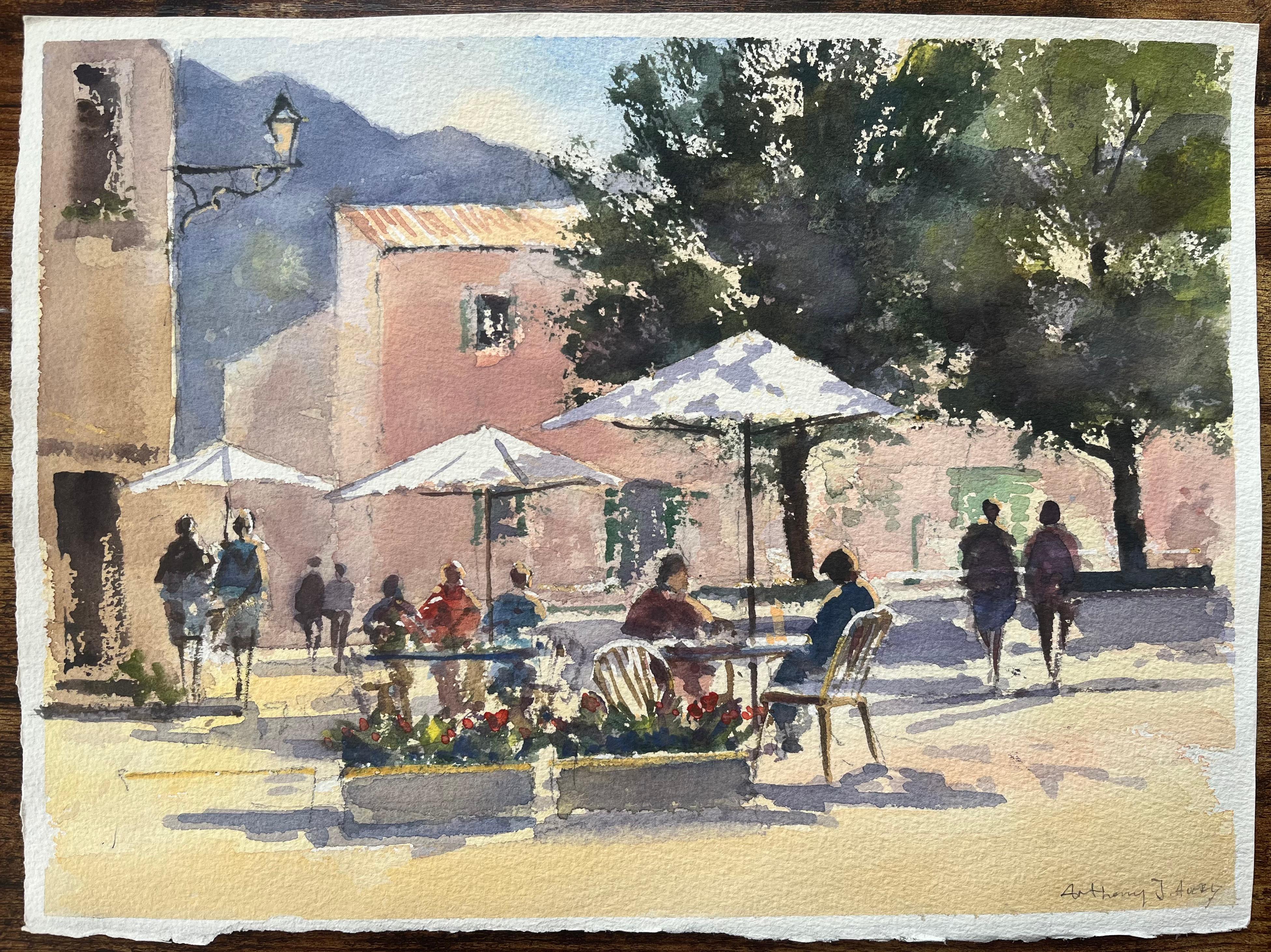 Aquarelle impressionniste britannique d'une scène de café européen ensoleillé - Painting de Anthony Avery
