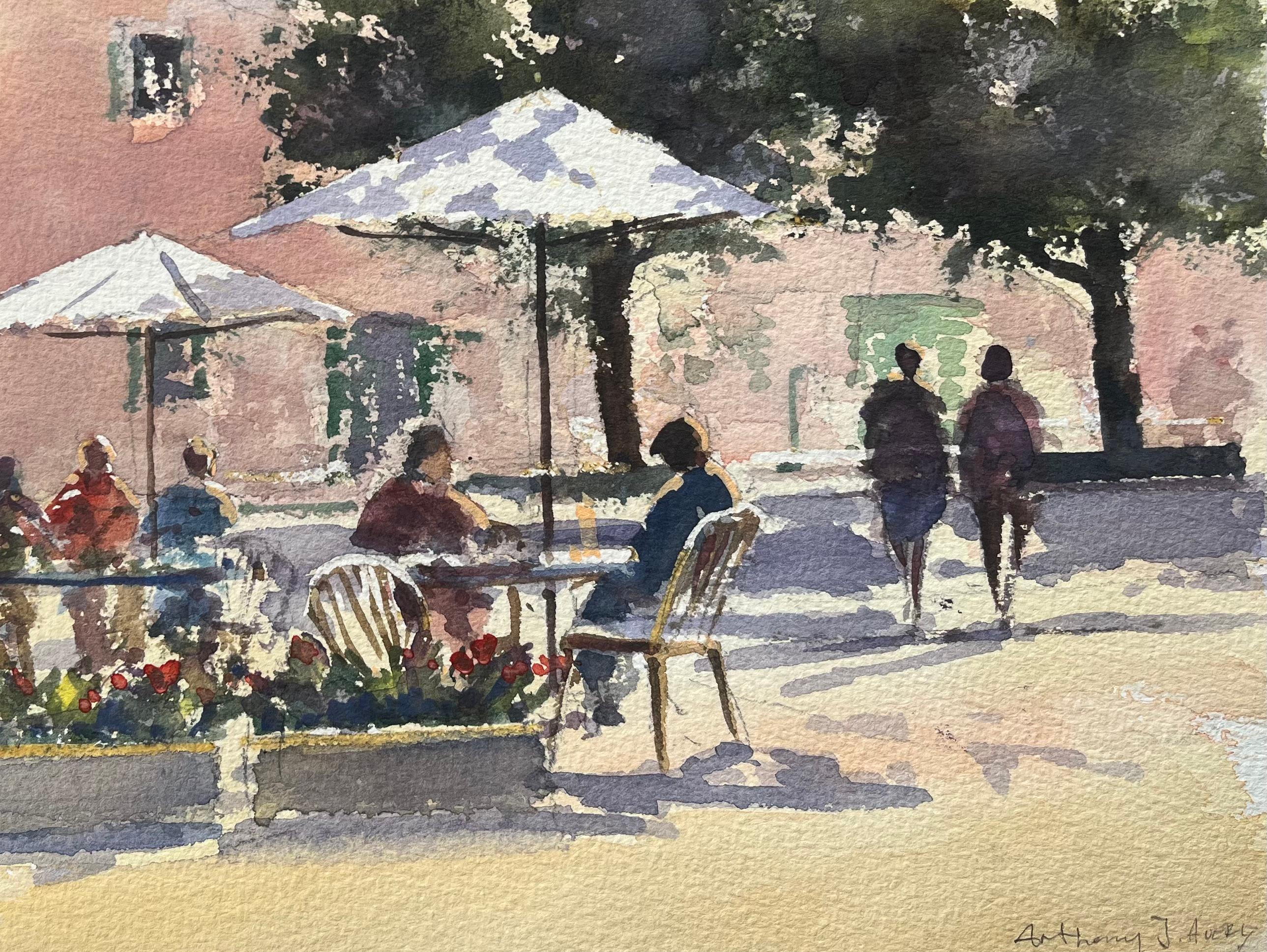 Aquarelle impressionniste britannique d'une scène de café européen ensoleillé - Impressionnisme Painting par Anthony Avery