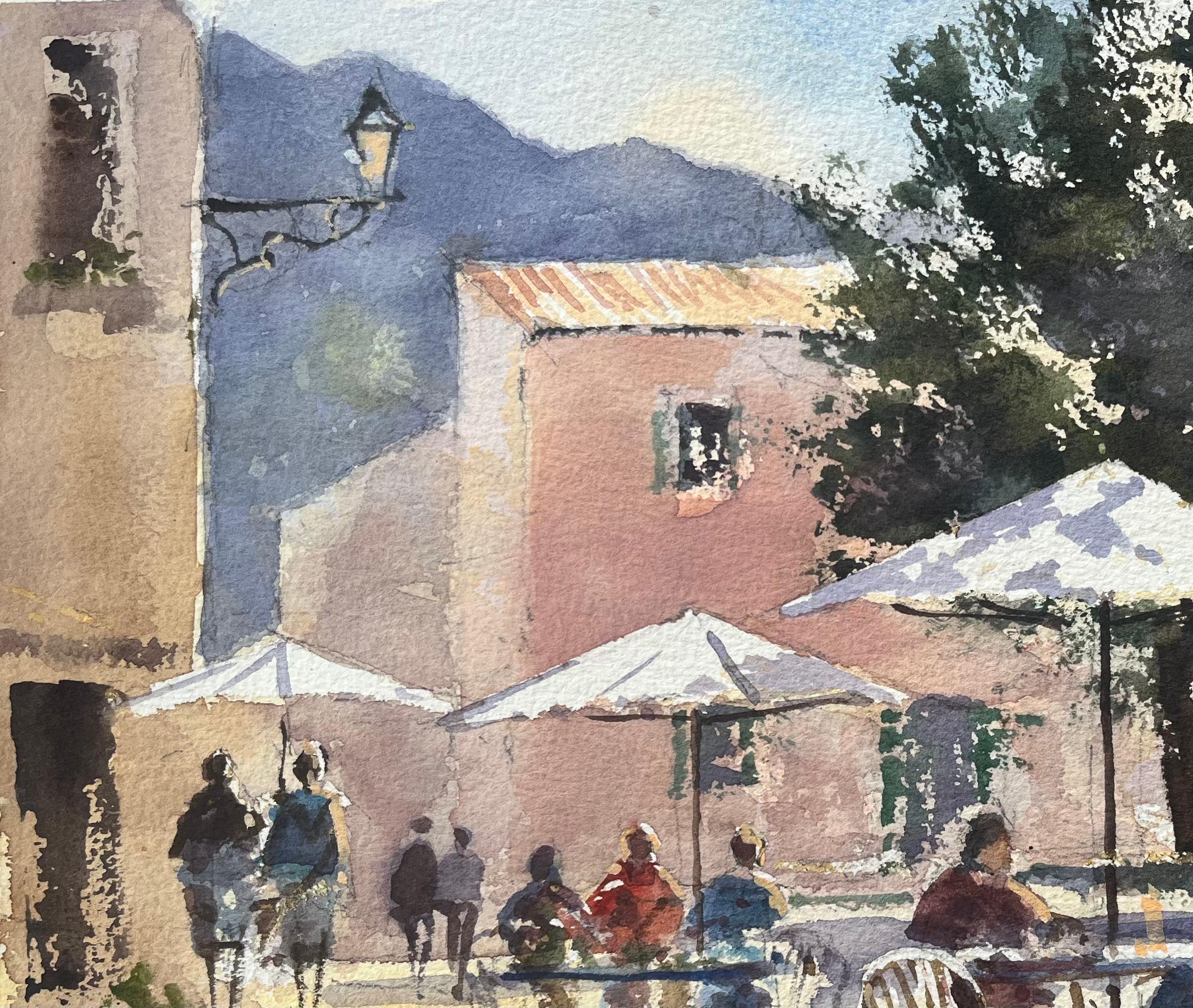 Aquarelle impressionniste britannique d'une scène de café européen ensoleillé - Marron Landscape Painting par Anthony Avery