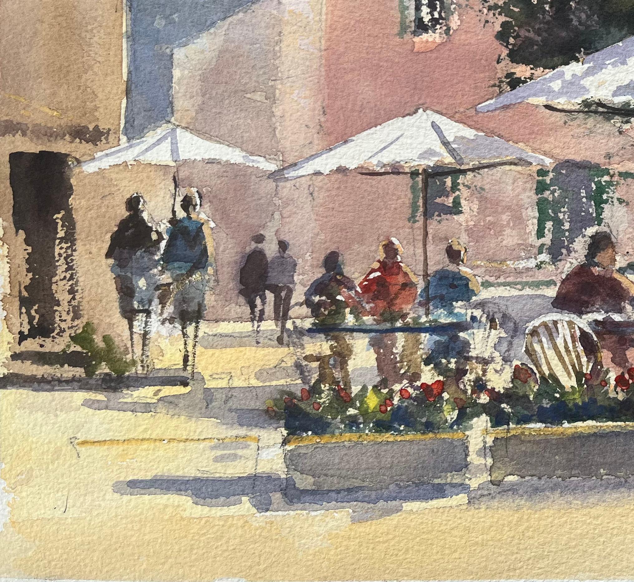 Aquarelle impressionniste britannique d'une scène de café européen ensoleillé en vente 1