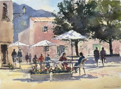 British Impressionist Watercolor of a Sunlit European Café Scene