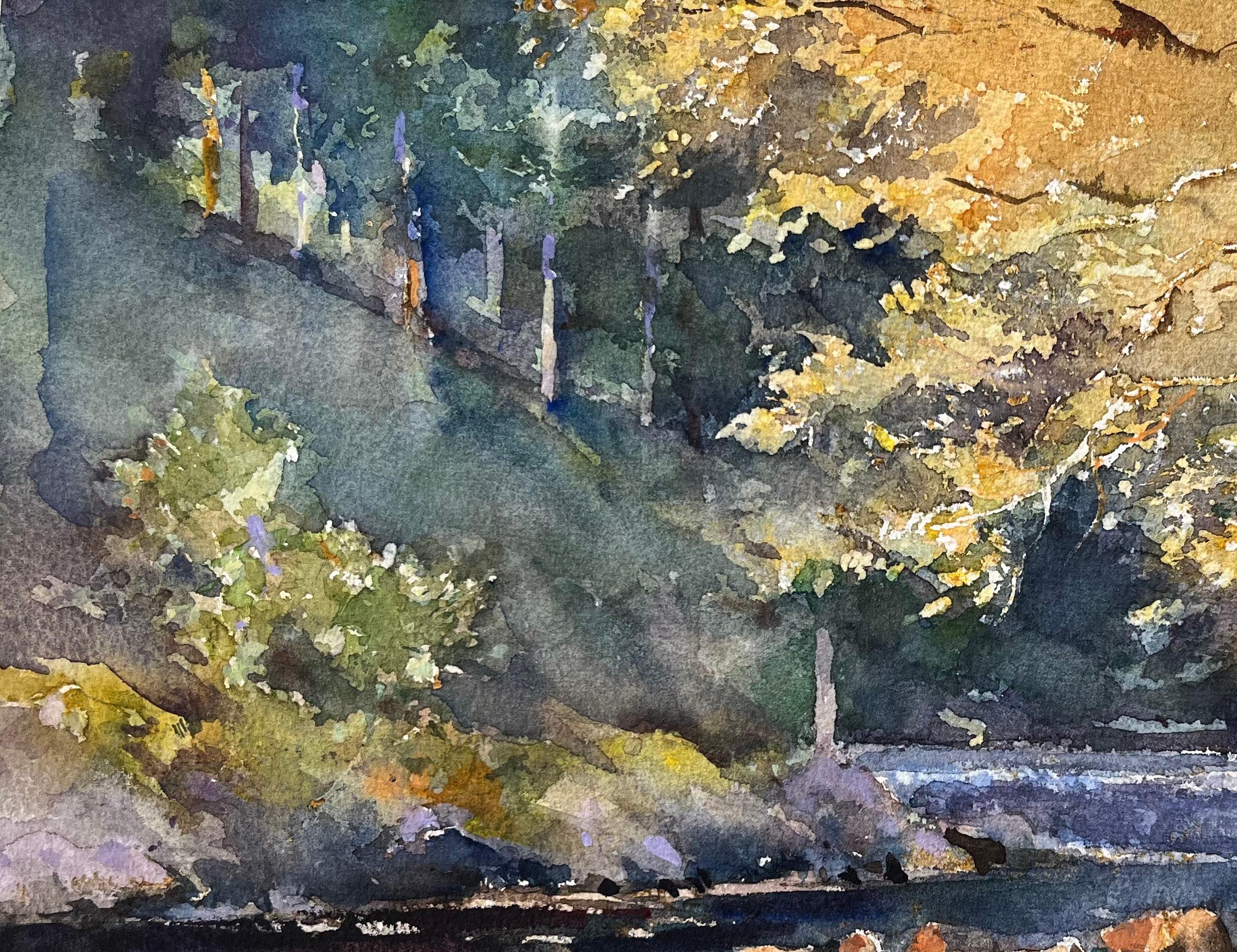 Titre : Aquarelle impressionniste britannique d'un ruisseau de forêt éclairé par le soleil
par Anthony Avery (britannique 1946-2023)
Aquarelle originale sur papier d'artiste, non encadrée
Dimensions : 11.25 x 15.25 pouces (Hauteur x Largeur)
Condit