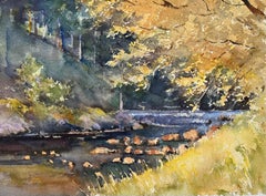British Impressionist Watercolor of a Sunlit Forest Stream