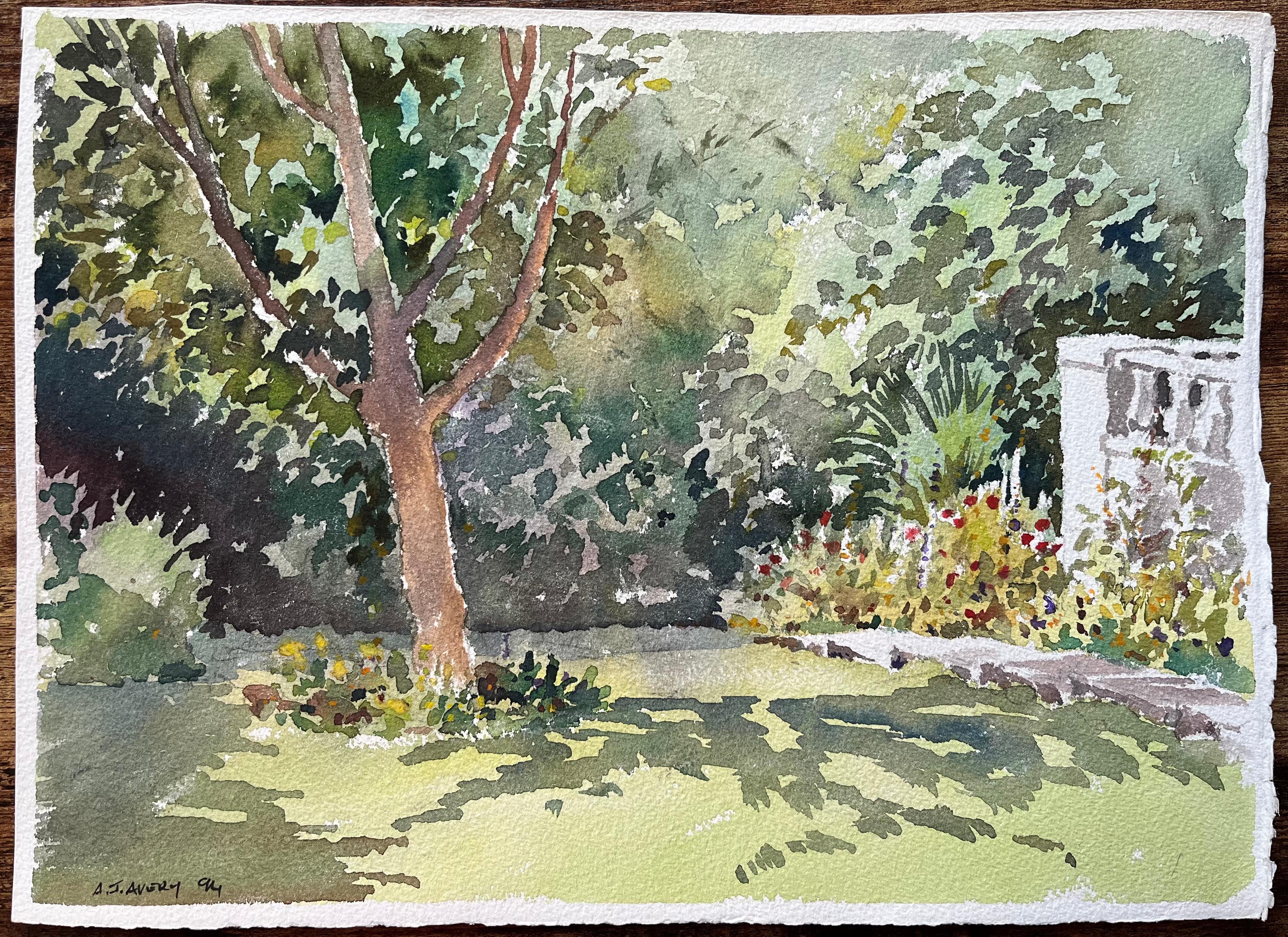 Britischer Impressionist Aquarell eines sonnenbeschienenen Gartens mit Baum und Blumen – Painting von Anthony Avery
